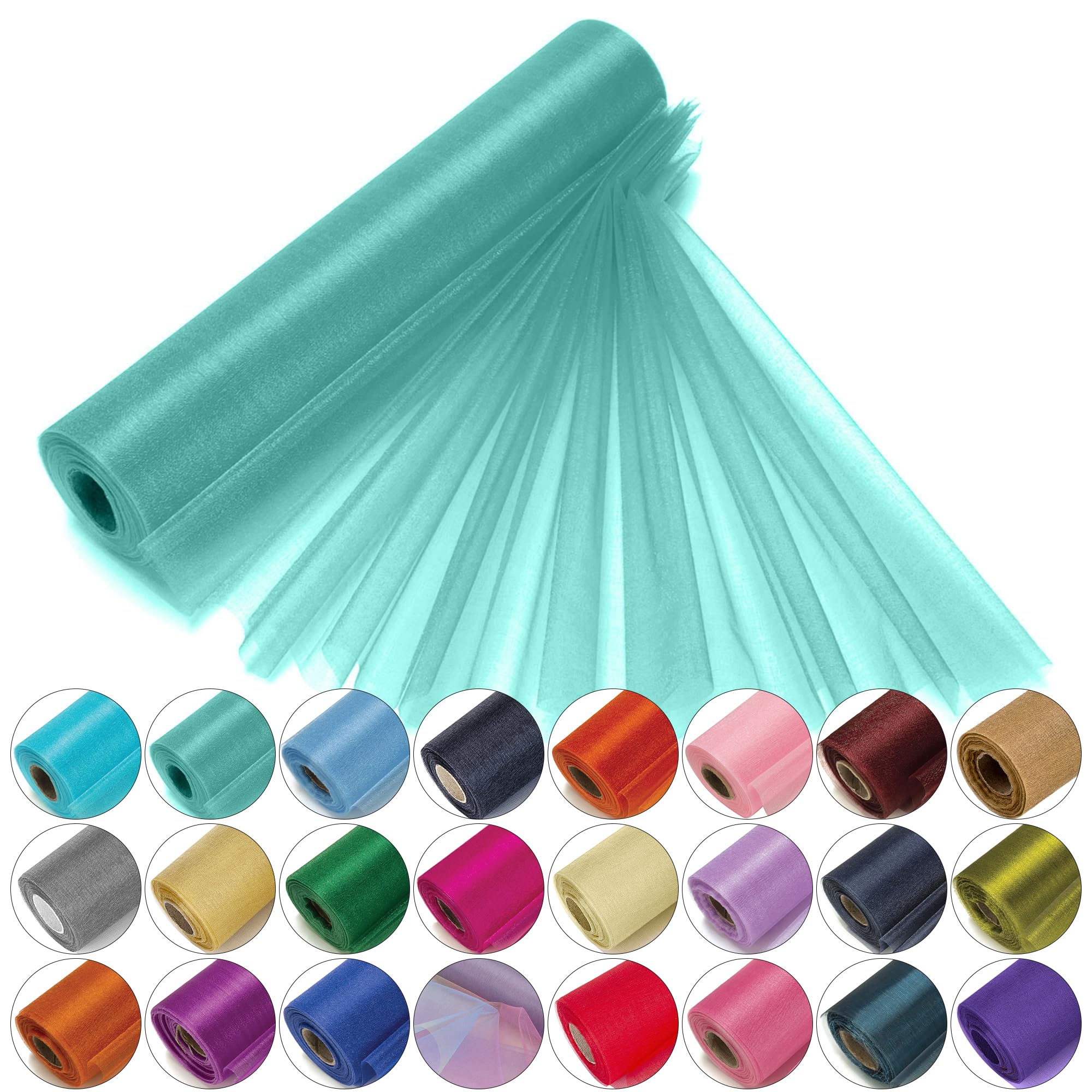 Rotolo Di Tessuto Organza Trasparente Verde Acqua - 29 Cm X 25 M Per Decorazioni