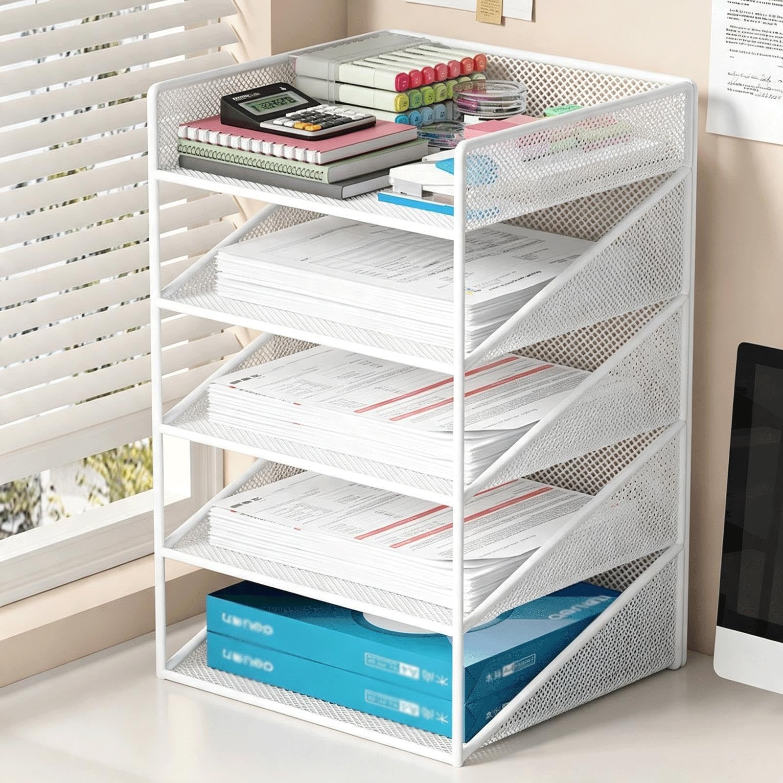 Porta Documenti da Scrivania, Metallo Porta Documenti Ufficio Scrivanias, Organizer da scrivania per Ufficio Domestico e Scola(White,5tier)