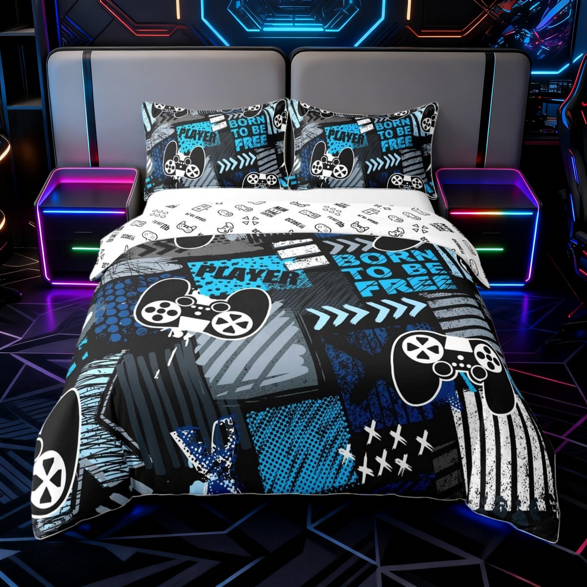 Castle Fairy Full Size Comforter Cover Game Controller Gamepad 100% Natural Cotton Bedding Set Video Games Modern Fashion Duvet Cover for Bedroom