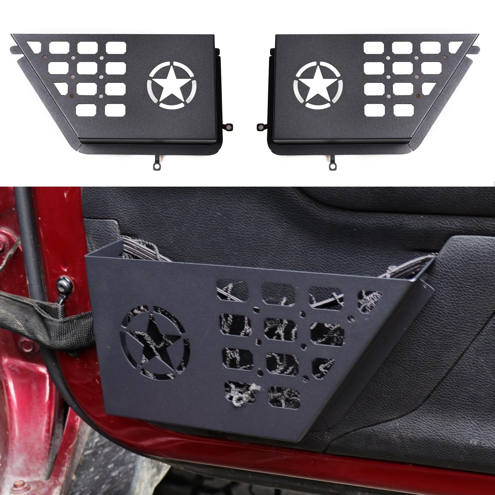 Vordertür-Aufbewahrungstaschen, Organizer-Box für Jeep Wrangler JK JKU Unlimited 2/4-Tür-Einsatz, Aufbewahrungserweiterung, Innenzubehör, 2 Stück, schwarzes Metall mit Stern
