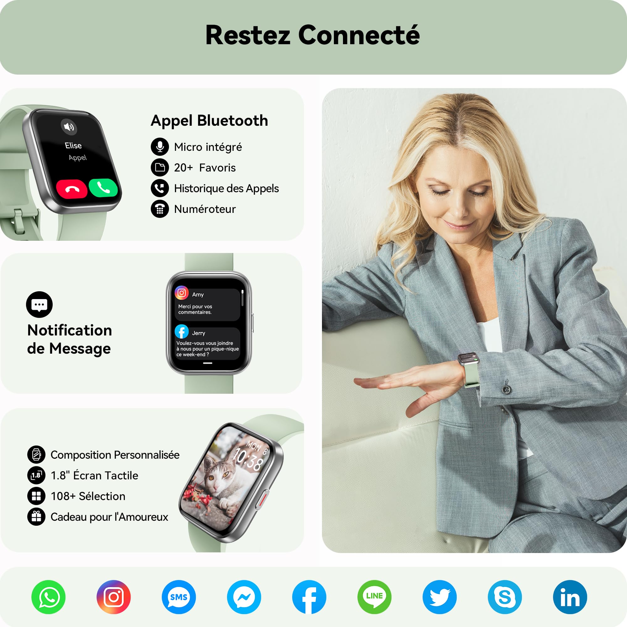 Montre Connectée Femme Homme, 1,8" Smartwatch avec Appel Bluetooth, Alexa Intégré, Fréquence Cardiaque/SpO2/Sommeil Moniteur, 100+ Modes Sport, IP68 Étanchéité, Montre Intelligente pour iOS Android