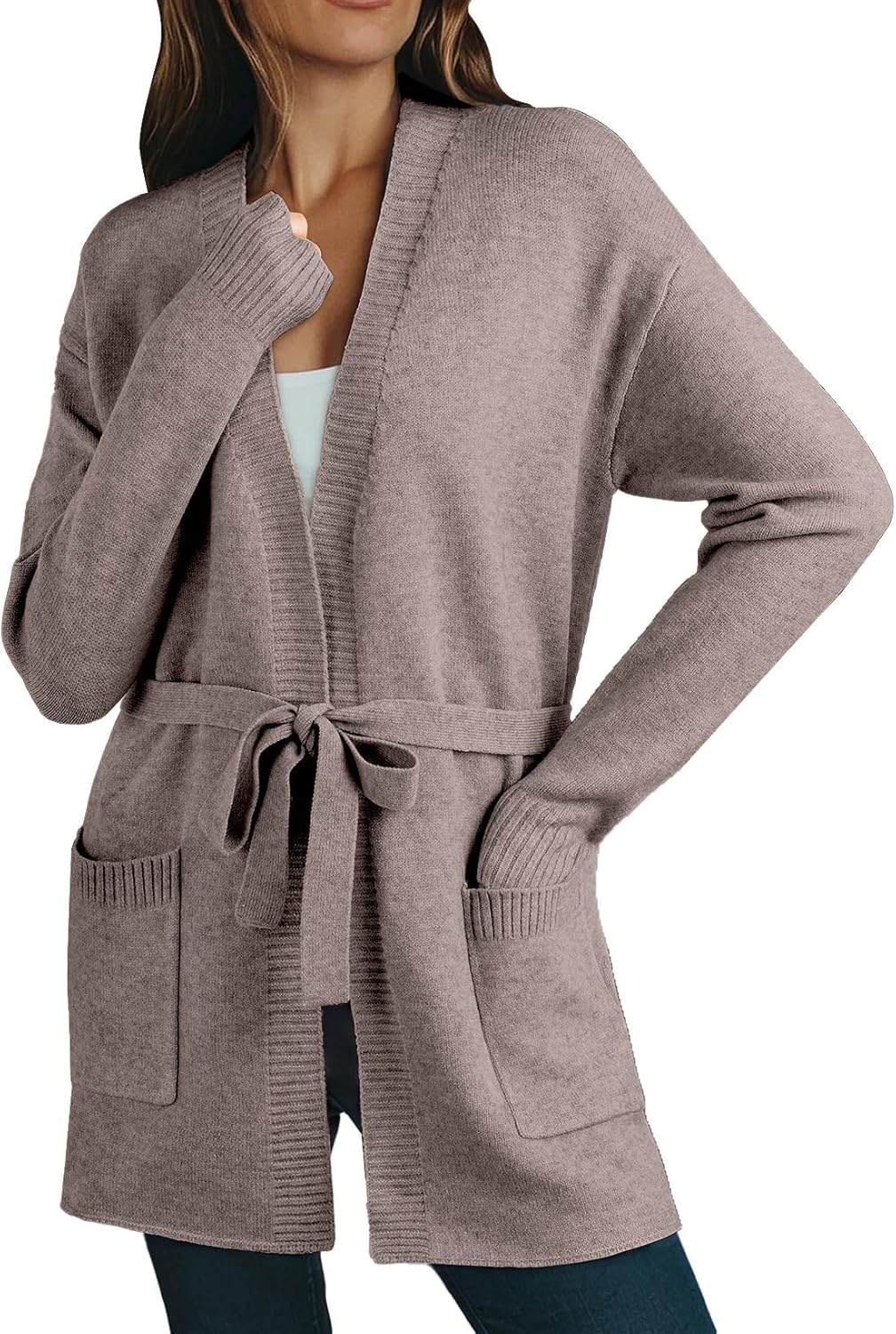 Astylish Womens Open Front Long Sleeve Belted Knit Cardigan Sweaters Trendy 2025 Outwear Coats with Pockets - Image 5