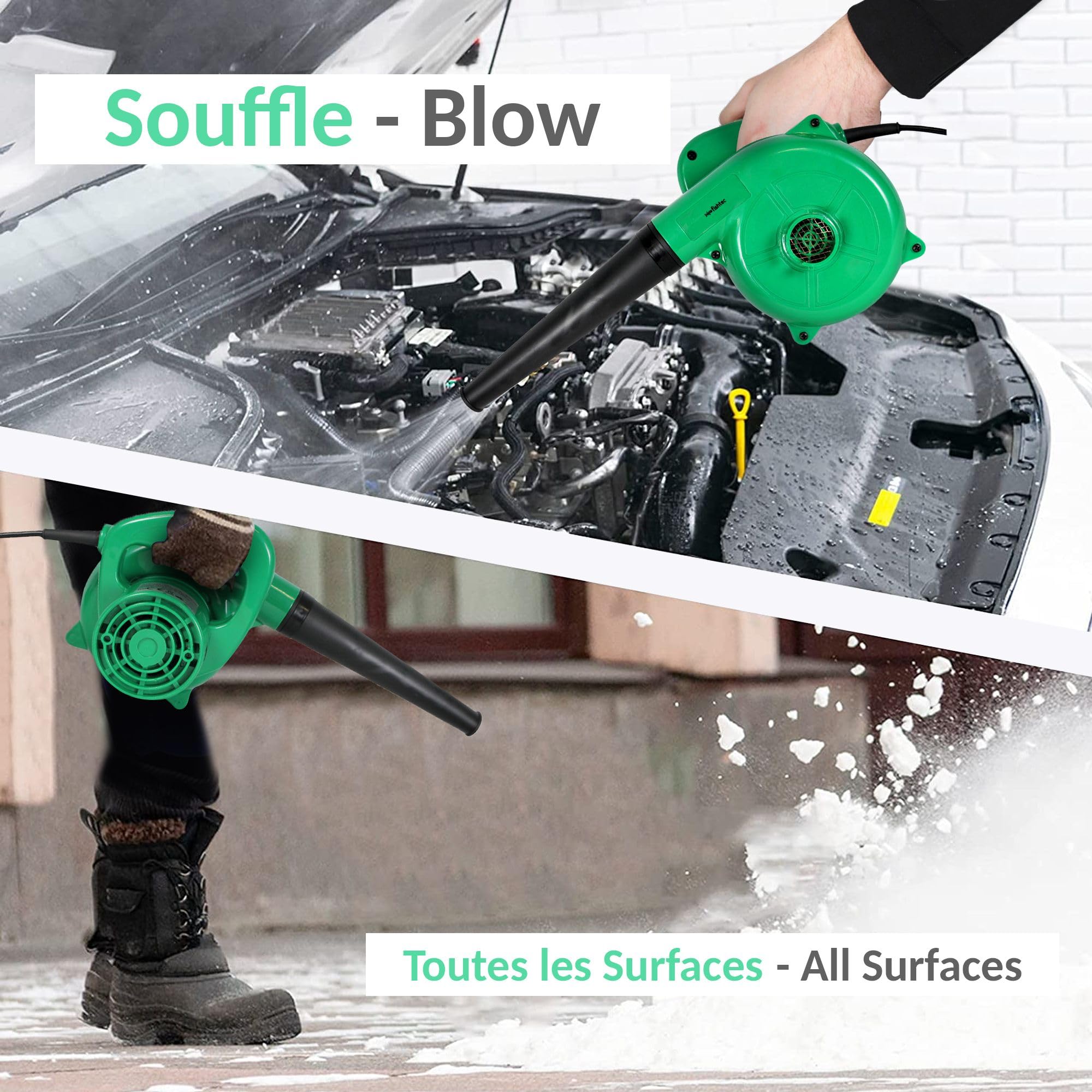 FISHTEC - Mini Soffiatore di Foglie Elettrico - Reversibile in Aspirapolvere con Sacchetto di Recupero - Lunghezza Cavo 2M - 500 W - 40CM - Verde - Compatto, Pratico e Leggero - Giardino