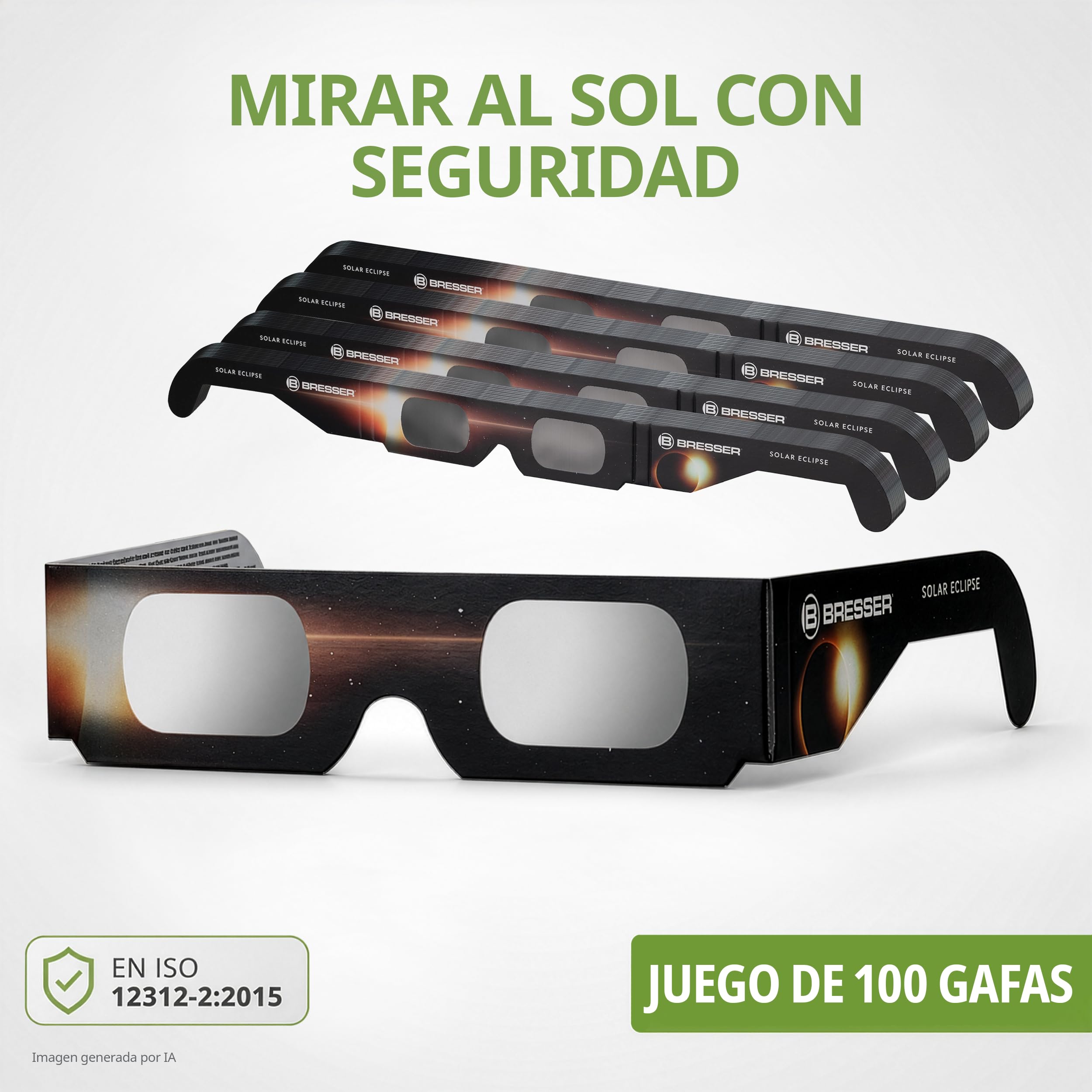 Bresser Gafas Eclipse Solar homologadas CE ISO 12312-2 pack 100 Diseño B | Absolutamente seguras, listas para los eclipses solares 2026, 2027, 2028, lámina astrosolar, imagen solar amarilla natural