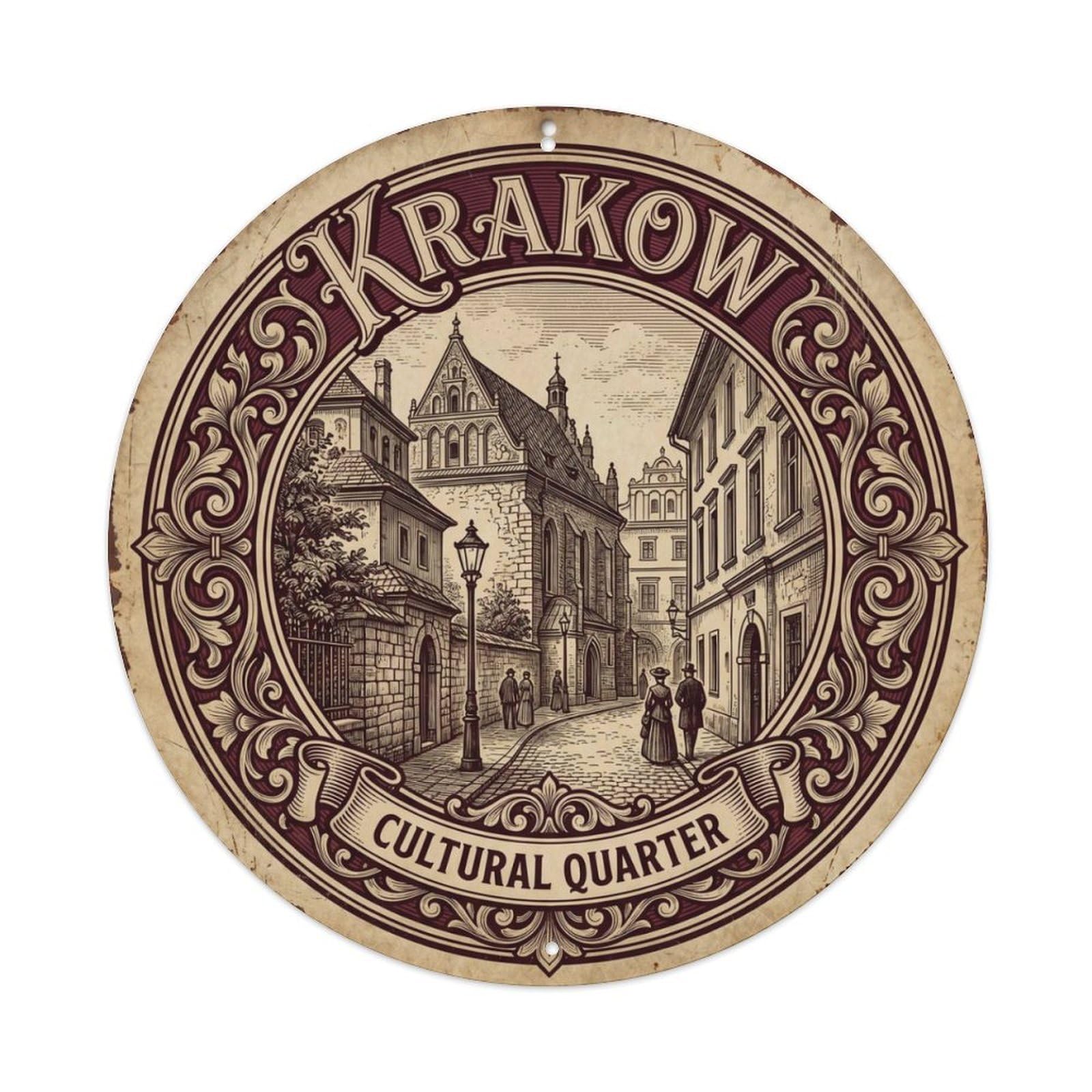 Vintage Travel Krakow Poland Quarter Metal Tin Sign Plaque Wall Decor for Cafe, Club Bar, Office, Home Garden Round Metal Poster 8x8Inch