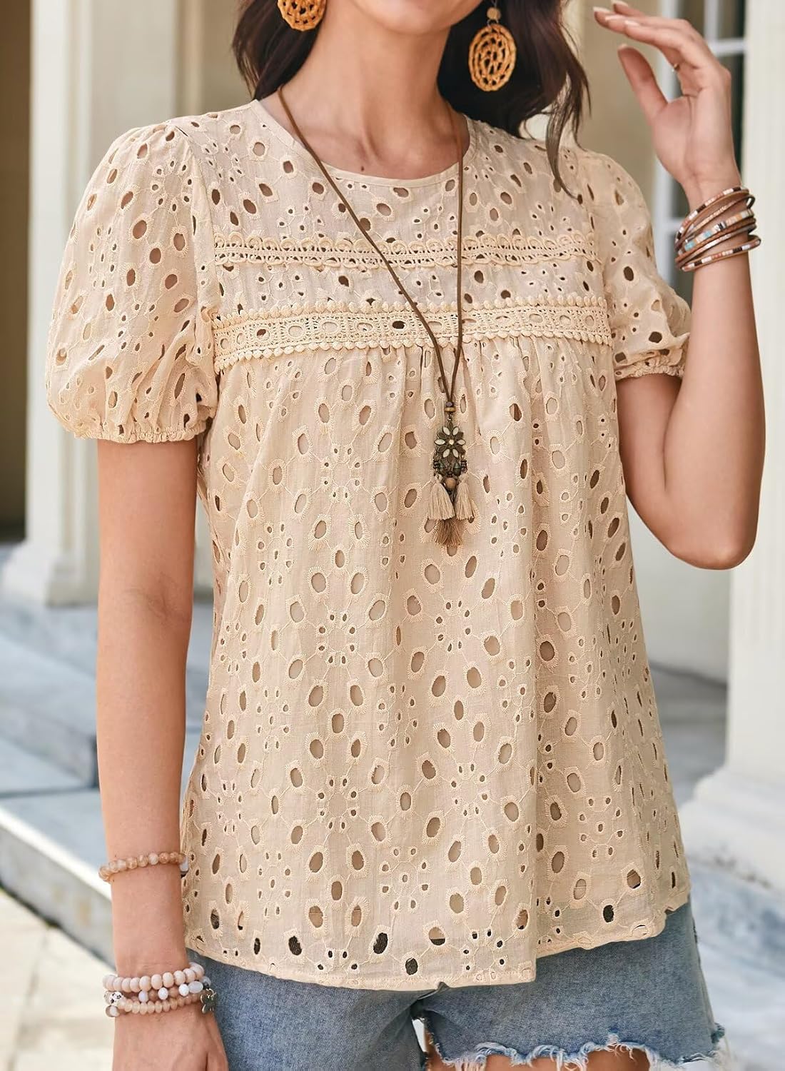 Womens Summer Tops Crewneck Short Sleeve Shirts Casual Babydoll Chiffon Blouses Eyelet Flowy Lace Hem Boho Clothing - Image 5