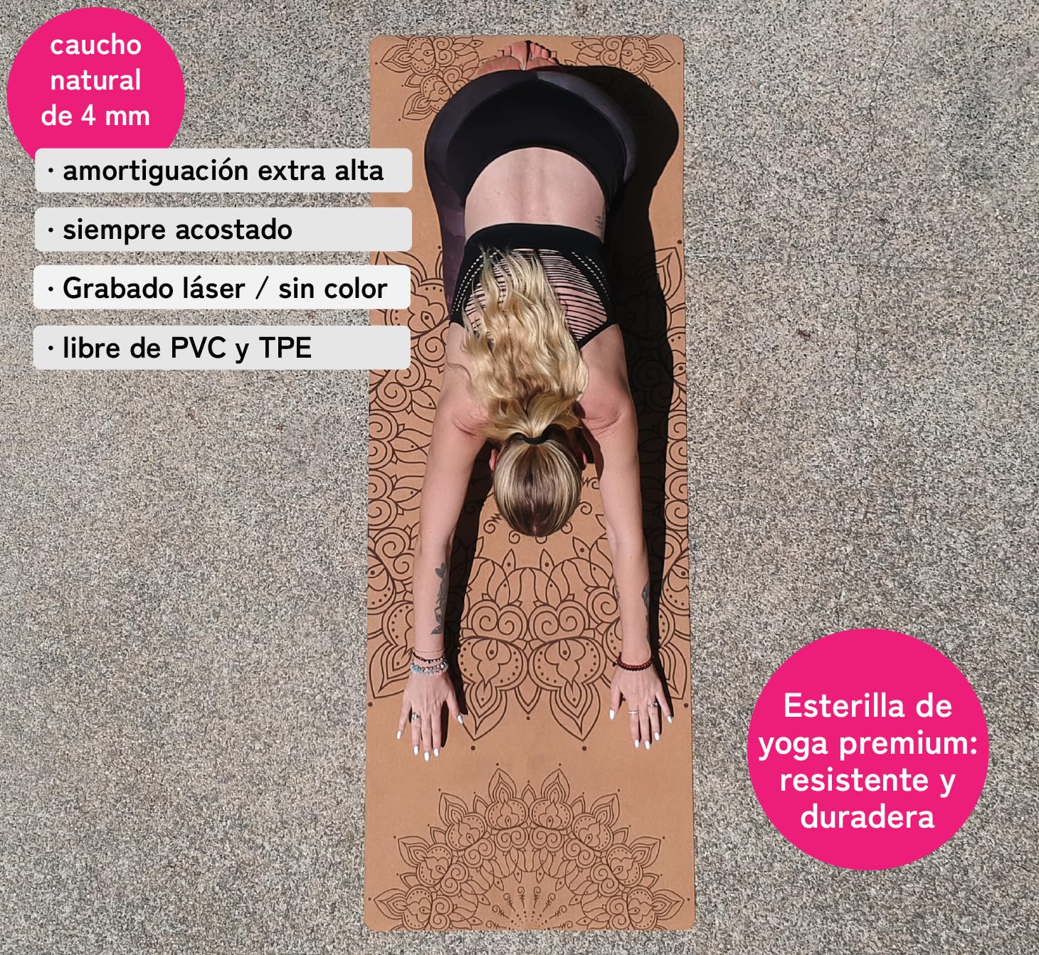 Esterilla de yoga premium de corcho antideslizante: de caucho natural antideslizante y corcho, natural y sostenible, extra ancha y extra gruesa (183 x 66 x 0,4 cm), correa de transporte