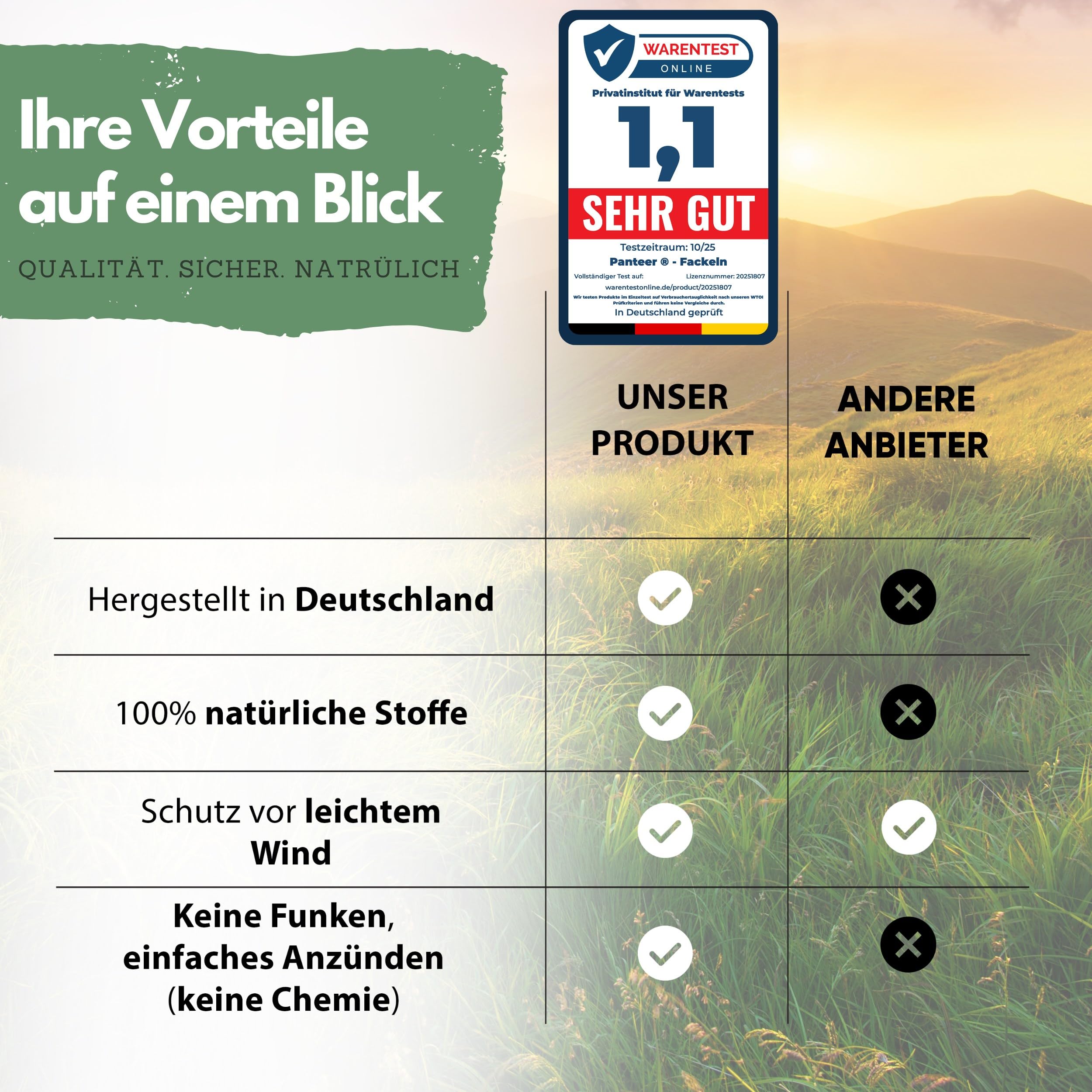 Panteer ® Fackeln für draußen - 10 Stück 45 Min. Brenndauer - Made in Germany - Für eine Wanderung mit Kindern oder Freunden, ideal im Garten oder zu Ostern/Silvester - Mit Handschutz