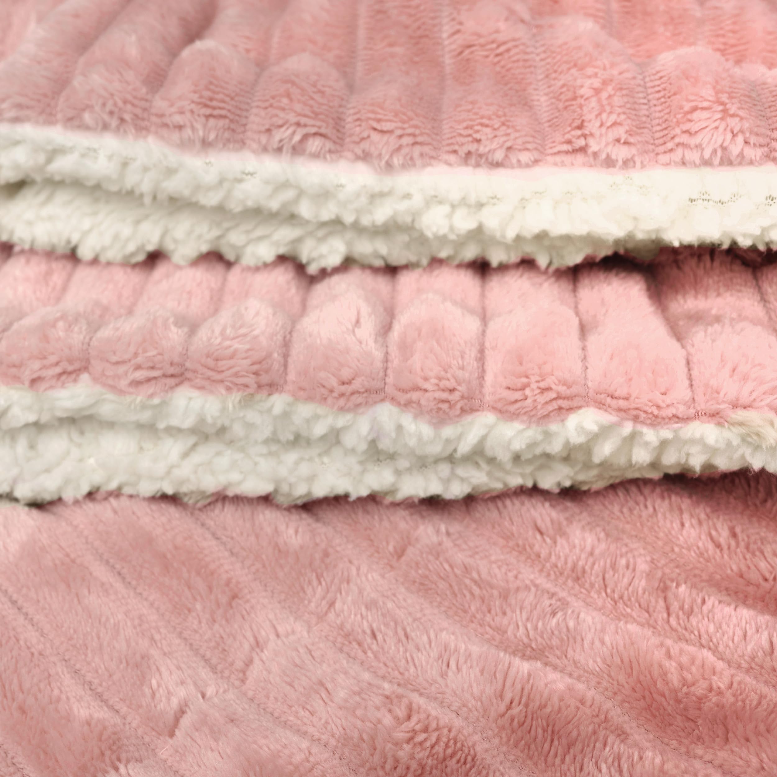 Manta Borreguito Reversible 220 x 240 cm – Sherpa de Franela Suave y Cálida con Diseño a Rayas, Manta Gruesa y Transpirable para Invierno (Rosa Palo)