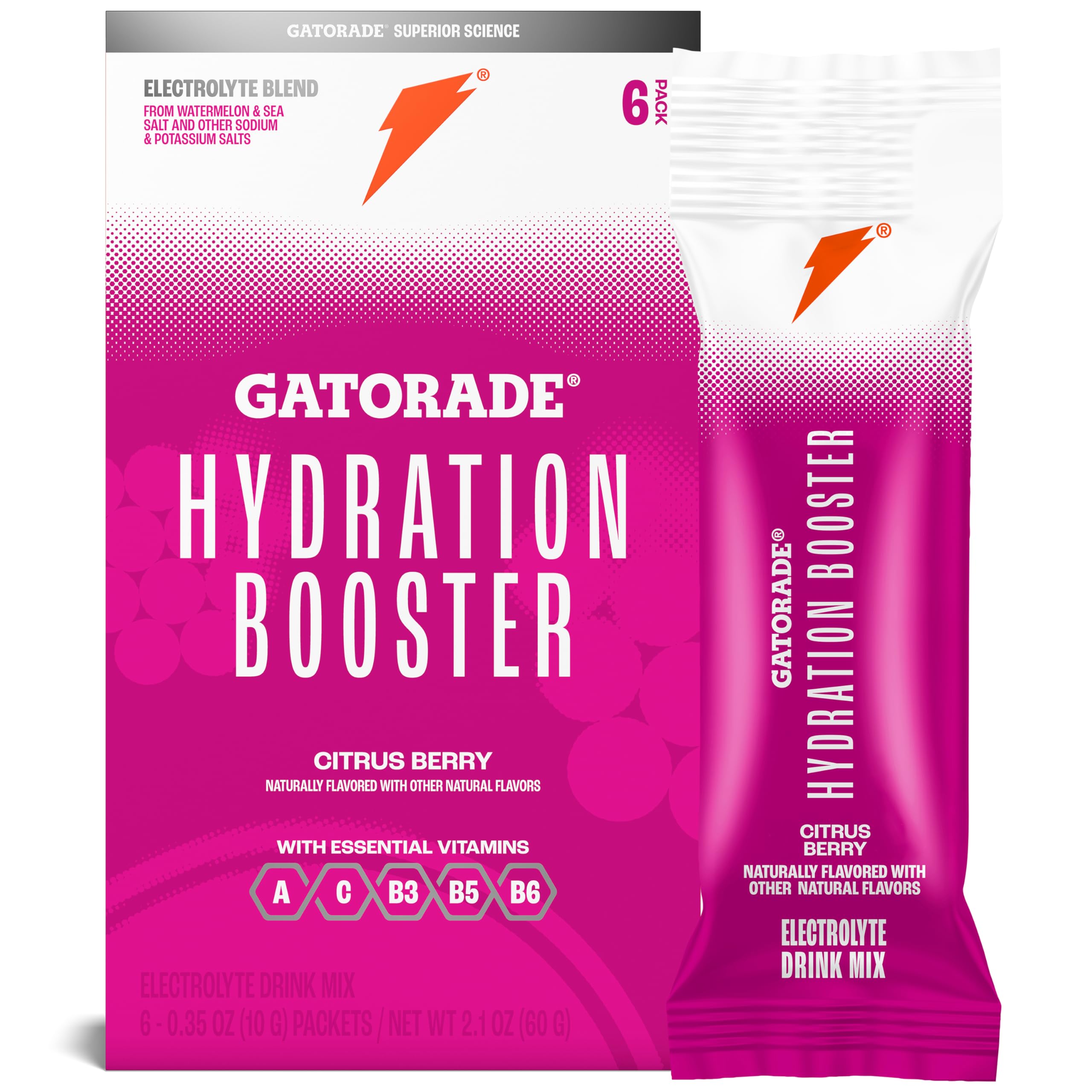 Gatorade Hydration Booster Electrolyte Drink Mix Powder Packets, Citrus Berry, Advanced Electrolyte Blend, No Added Colors, No Artificial Sweeteners, Essential Vitamins A, C, B3, B5, B6, Makes 20 Fl Oz, (6 Pack)