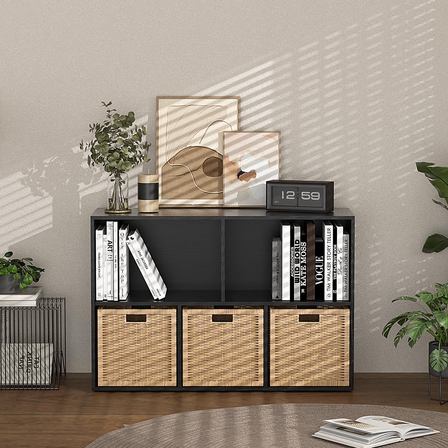 Organiseur de Rangement en Bois à 5 Cubes avec Panneau arrière fermé, étagères cubiques Blanches avec Compartiments pour Le Salon (Noir, 5 Cubes)
