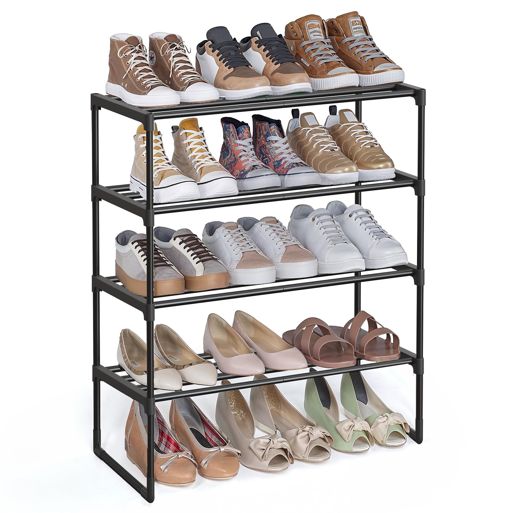 SONGMICS 4-Tier Shoe Rack, Shoe Storage Organiser, Metal Storage Rack, Upright or Upside Down, Fits 10 to 15 Pairs, Stackable, for Hallway, 30 x 68 x 75 cm, Black LSA204B01 — image 1