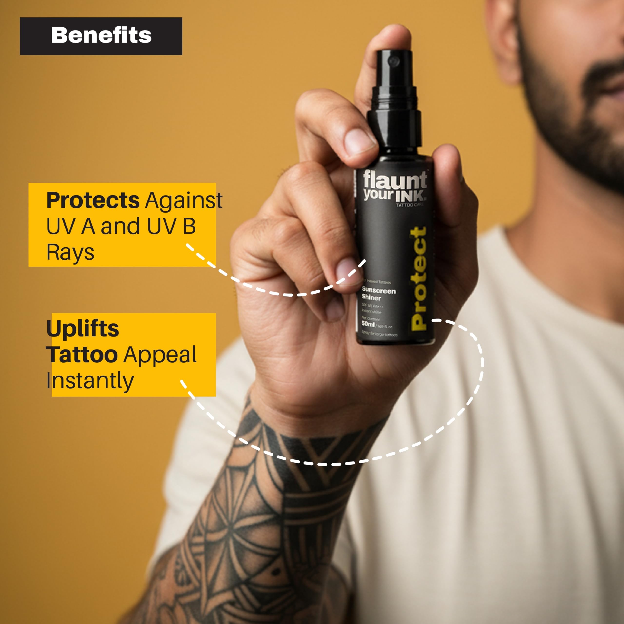 Flaunt Your Ink Tattoo Shiner with SPF 50 PA+++ | UV Protection for Tattooed Skin | Lightweight Sunscreen Spray with Vitamin E & Bisabolol | Enhances Ink & Prevents from Tattoo Fading | 50ml (Pack of 1) 3