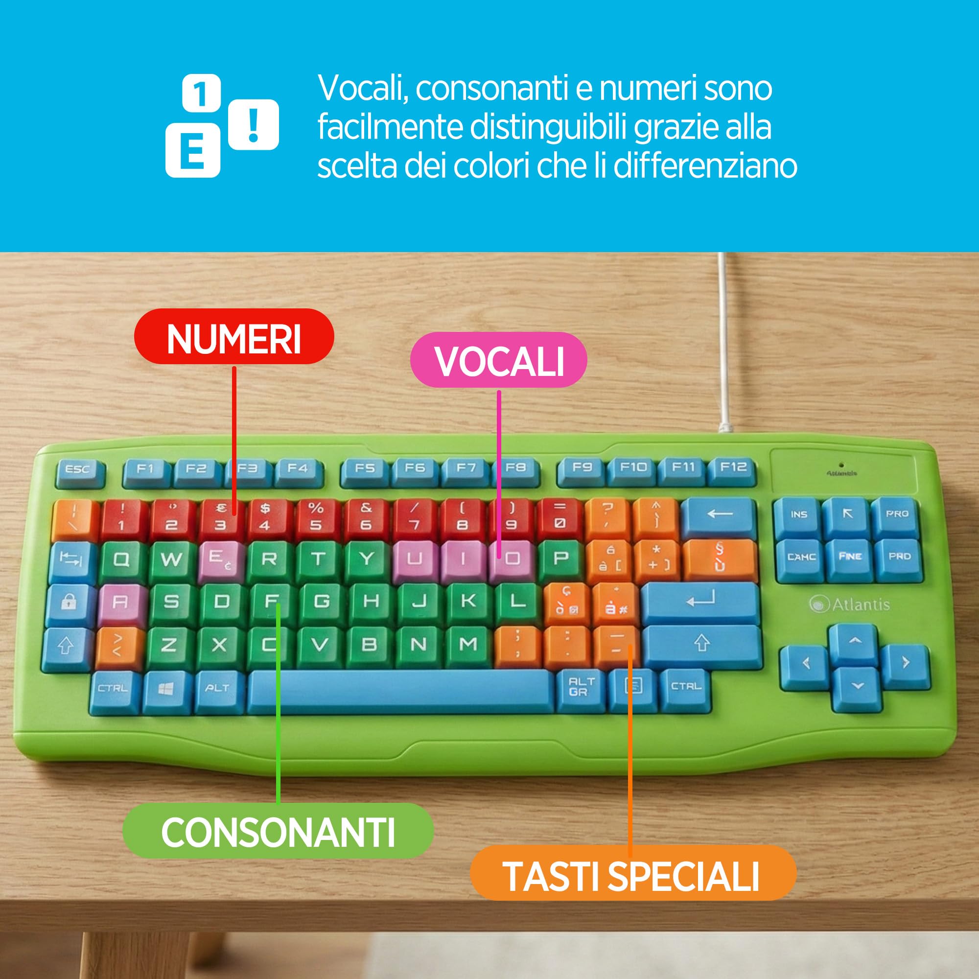 Atlantis Kids Keyboard + Mouse, Kit Tastiera Italiana QWERTY e Mouse USB fino a 1600Dpi con tasti grandi, morbidi, colorati, caratteri ingranditi