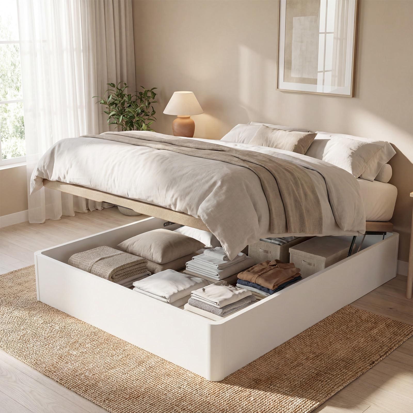 DUÉRMETE ONLINE - Canapé Abatible 135x190 cm Blanco, Gran Capacidad de Almacenaje, Estructura Súper Reforzada, Tapa 3D Transpirable, Incluye Subida a Domicilio