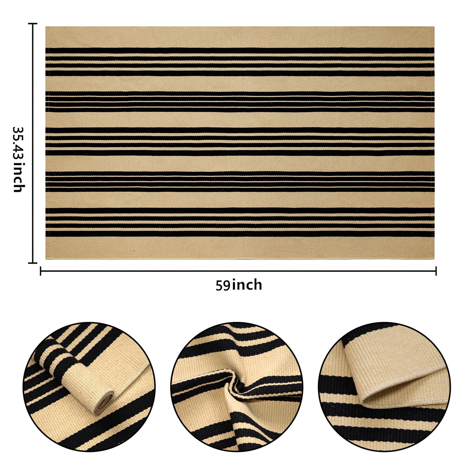 Tapis d'extérieur rayé Noir et Beige 90 x 150 cm pour Porche, décoration d'