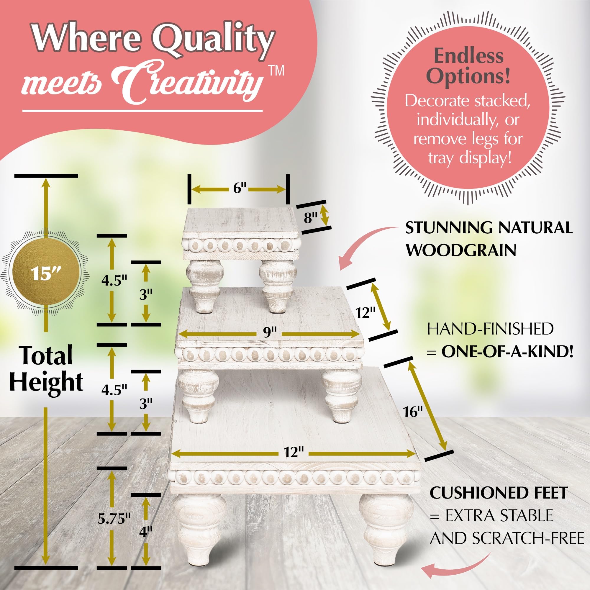 Bandeja decorativa [Juego de 3] Soporte de madera escalonado para exhibición, bandeja escalonada para uso en mesa, isla de cocina, cafetería, elevadores de madera, soporte de pedestal con cuentas