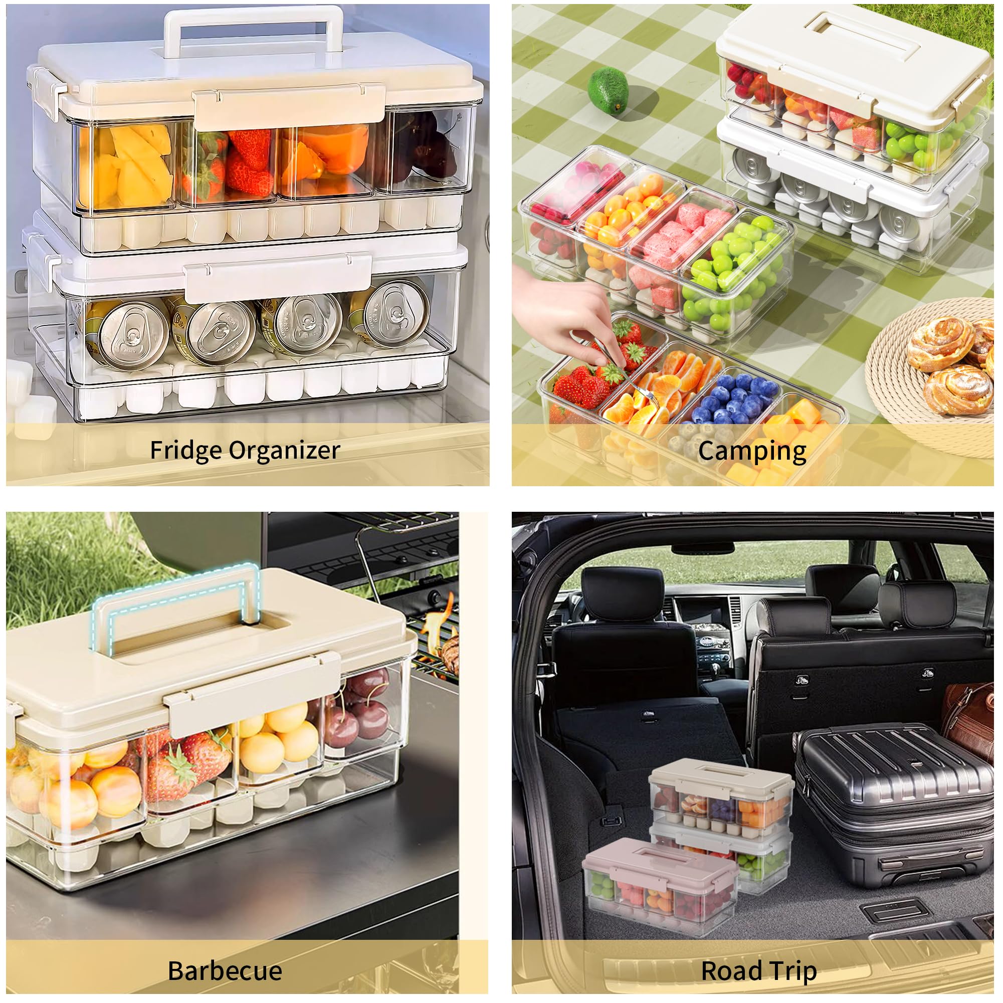 Paquete de 2 organizadores de condimentos enfriados con hielo con 4 recipientes y 4 tapas, bandeja para servir frutas con asa, organizador de condimentos portátil para suministros de barra de