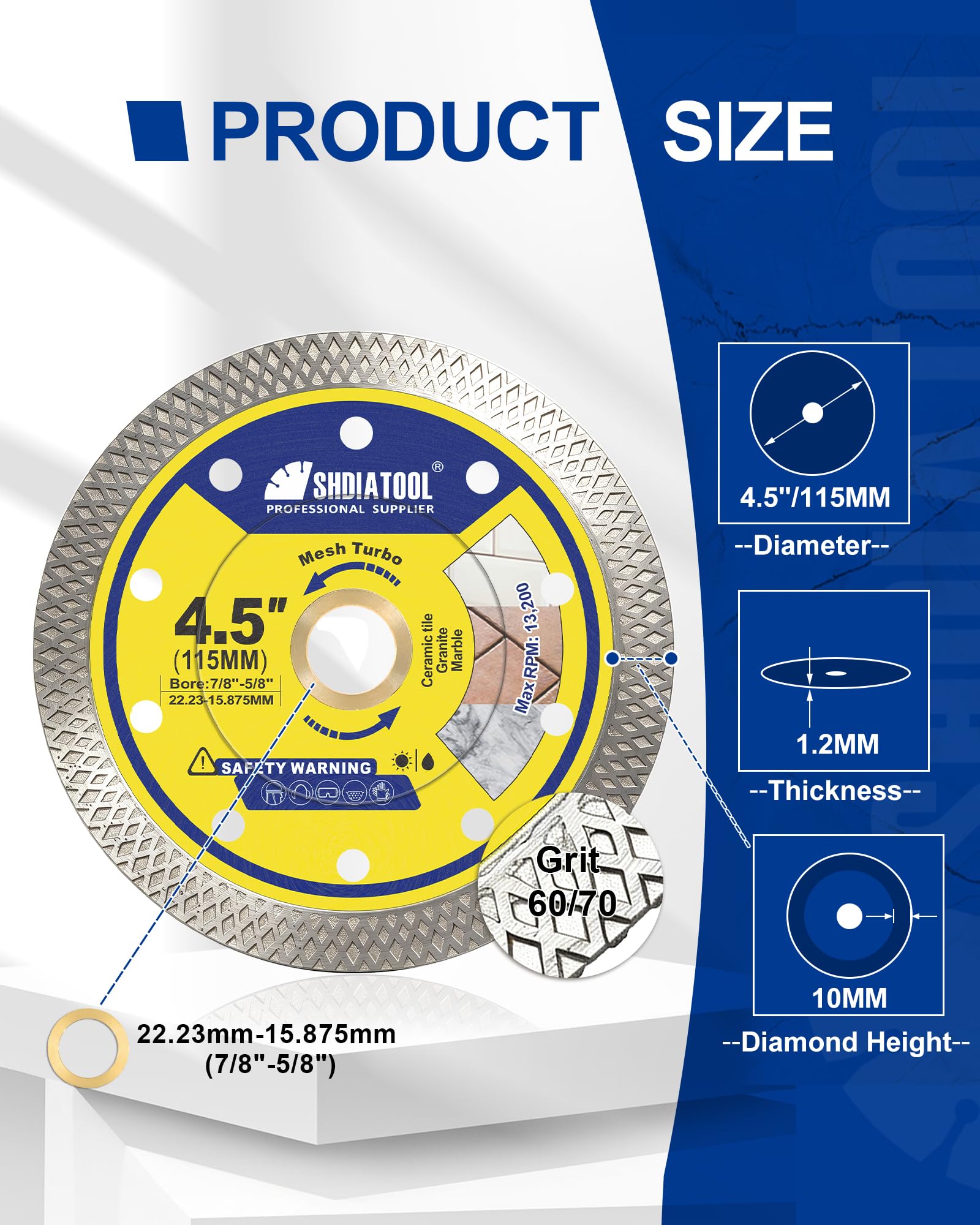 SHDIATOOL 5 lame diamantate per piastrelle da 10,5 cm, disco da taglio super sottile per smerigliatrice angolare, pergolato da 7/8", taglio a secco a umido, porcellana, ceramica, marmo, granito