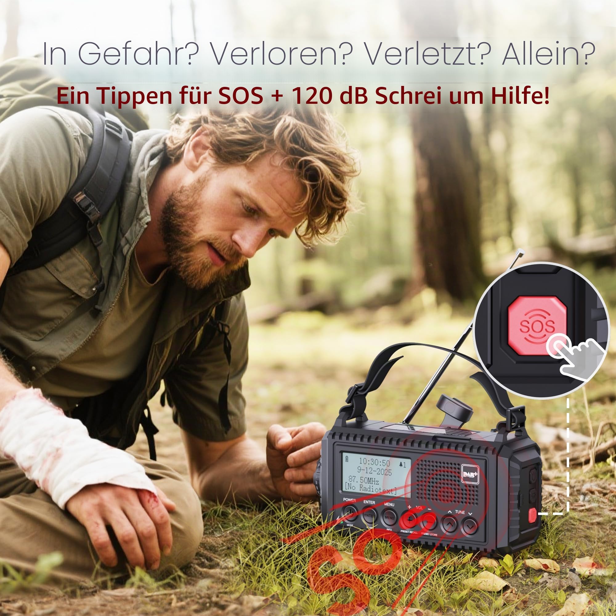 DAB/DAB+/UKW Digitalradio mit Eingebaute 5000mAh Akku Solar Radio Notfallradio mit USB Handyladefunktion Camping Radio mit LED Taschenlampe Leselampe SOS Alarm Tragbares Kurbelradio für Outdoor