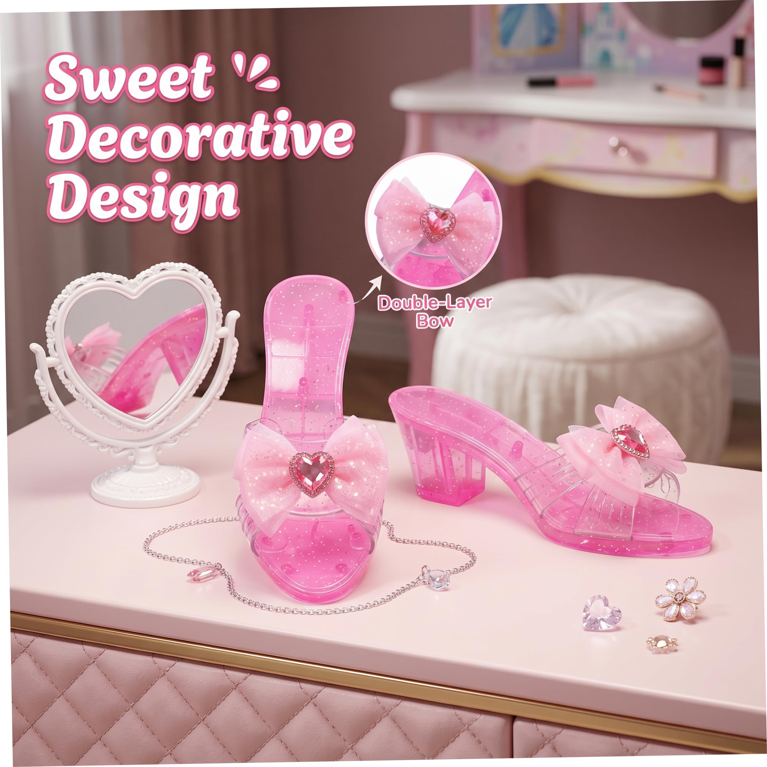 3 Pares de Tacones de Princesa para niñas pequeñas, Zapatos de Vestir Brillantes para niños con Lazos para Juegos de simulación