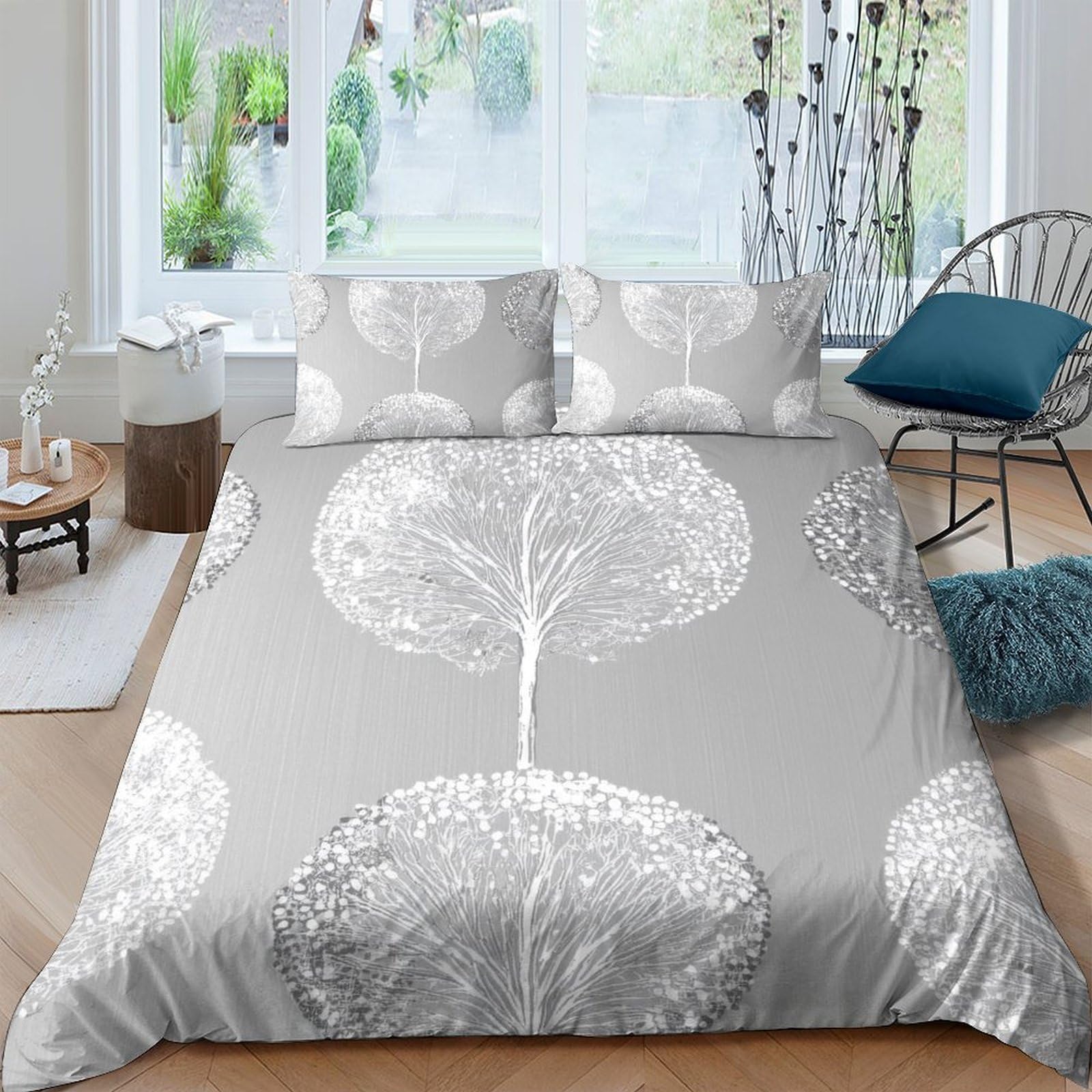 GPLZQXKJNH 3D Printed Dandelion Tree Duvet Cover Microfiber Soft Grey Bedding Set with 2 Pillowcases for Bedroom Decoration Single（135x200cm）