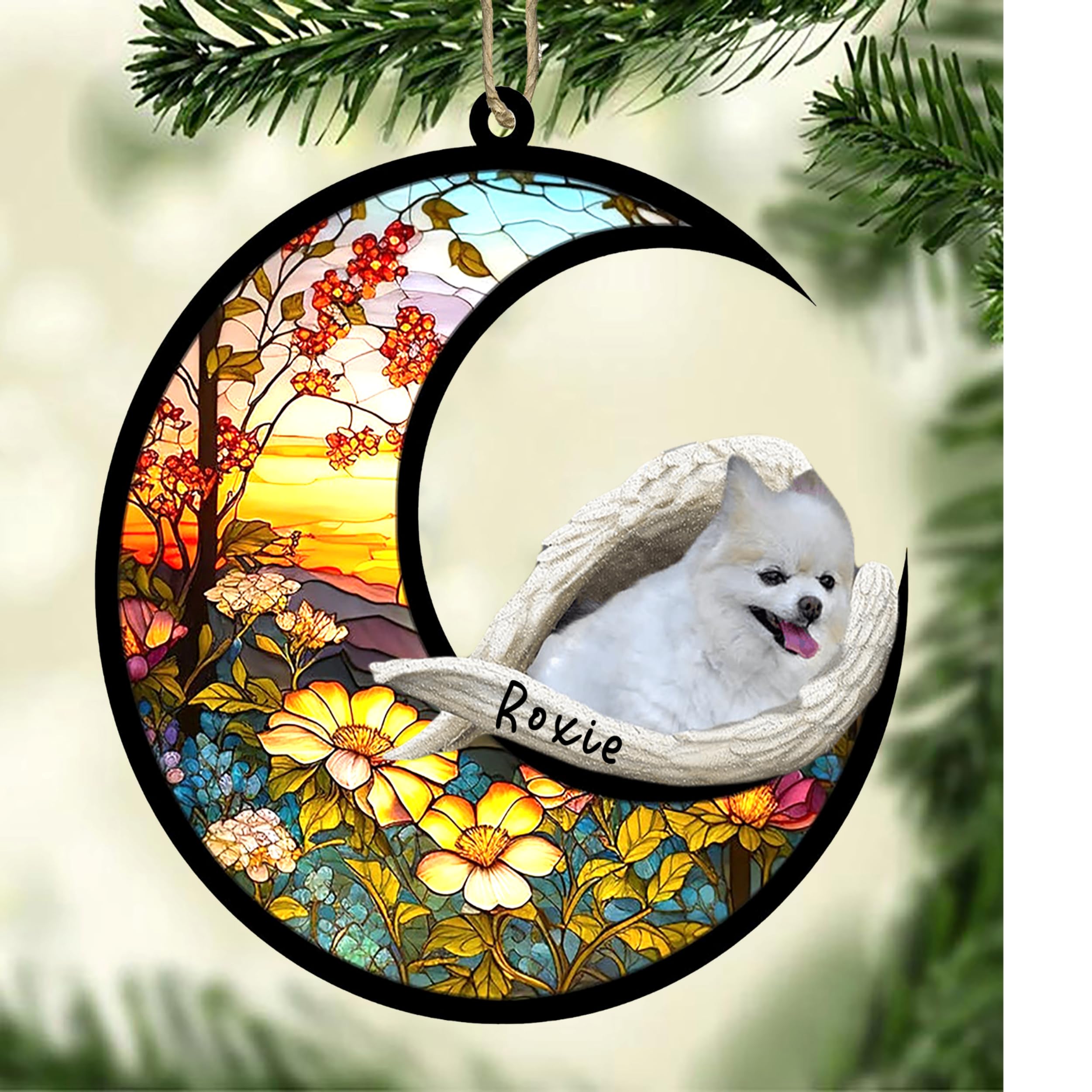 Personalized Pomeranian Dog Memorial Suncatcher, Pomeranian Christmas Ornament with Name, Pet Loss Catcher, Gifts for Dog Lovers Loss of Dog, Pomeranian Sleep on Haven