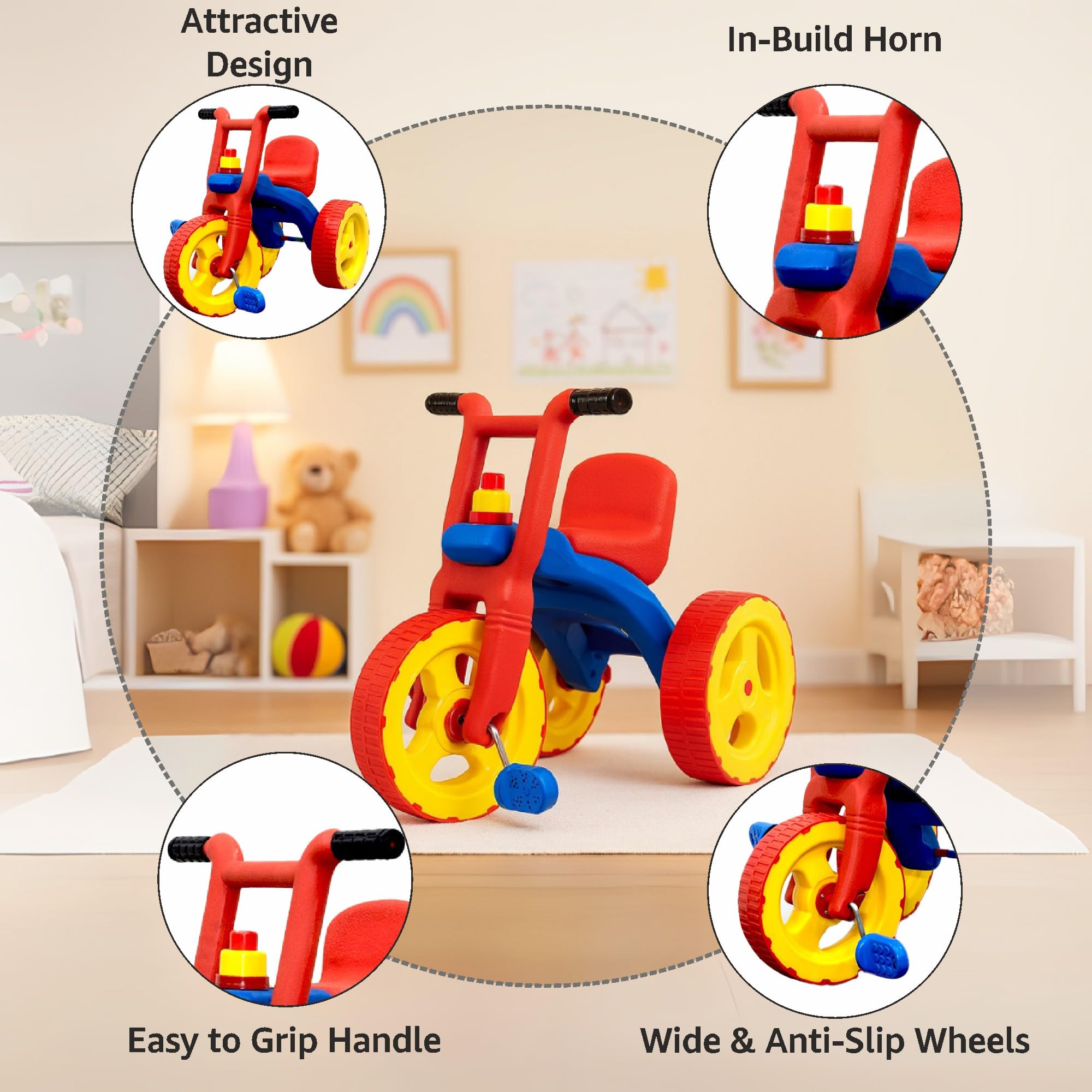Amazon Brand - Jam & Honey Pacer Tricycle for Kids | Toddler Cycle | Bicycle | Push On Ride On | with Backrest | Easy Grip | Four Wheel | Safe & Fun Activity Toy | Medium | 2 Years+ | Red - Image 5 thumbnail