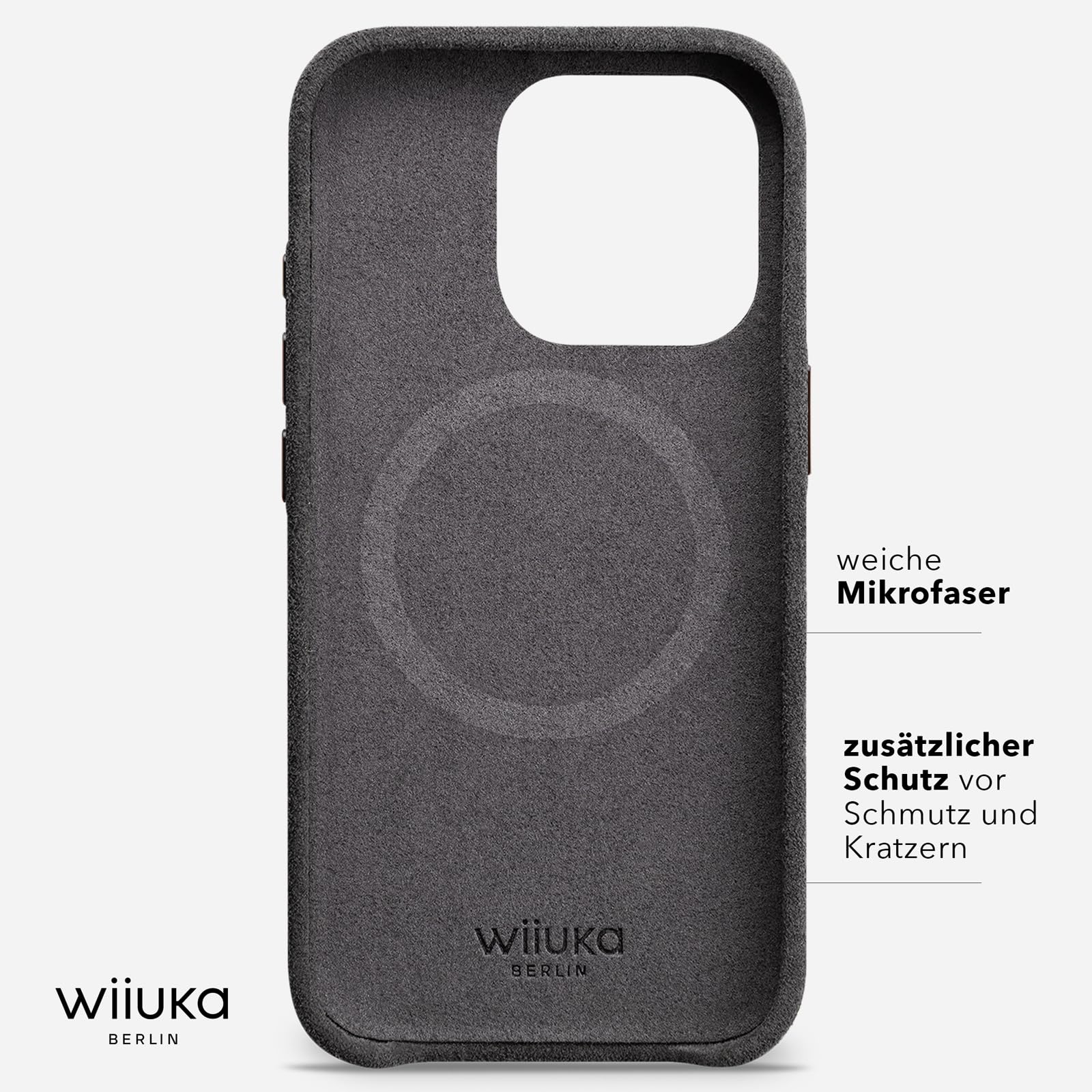 WIIUKA futerał na iPhone 16 Pro Max, oryginalna alcantara®, ręcznie robiona, bardzo cienka, etui klasy premium, Qi, alternatywa dla skóry, skiin Alcantara, kolor Mystery Grau