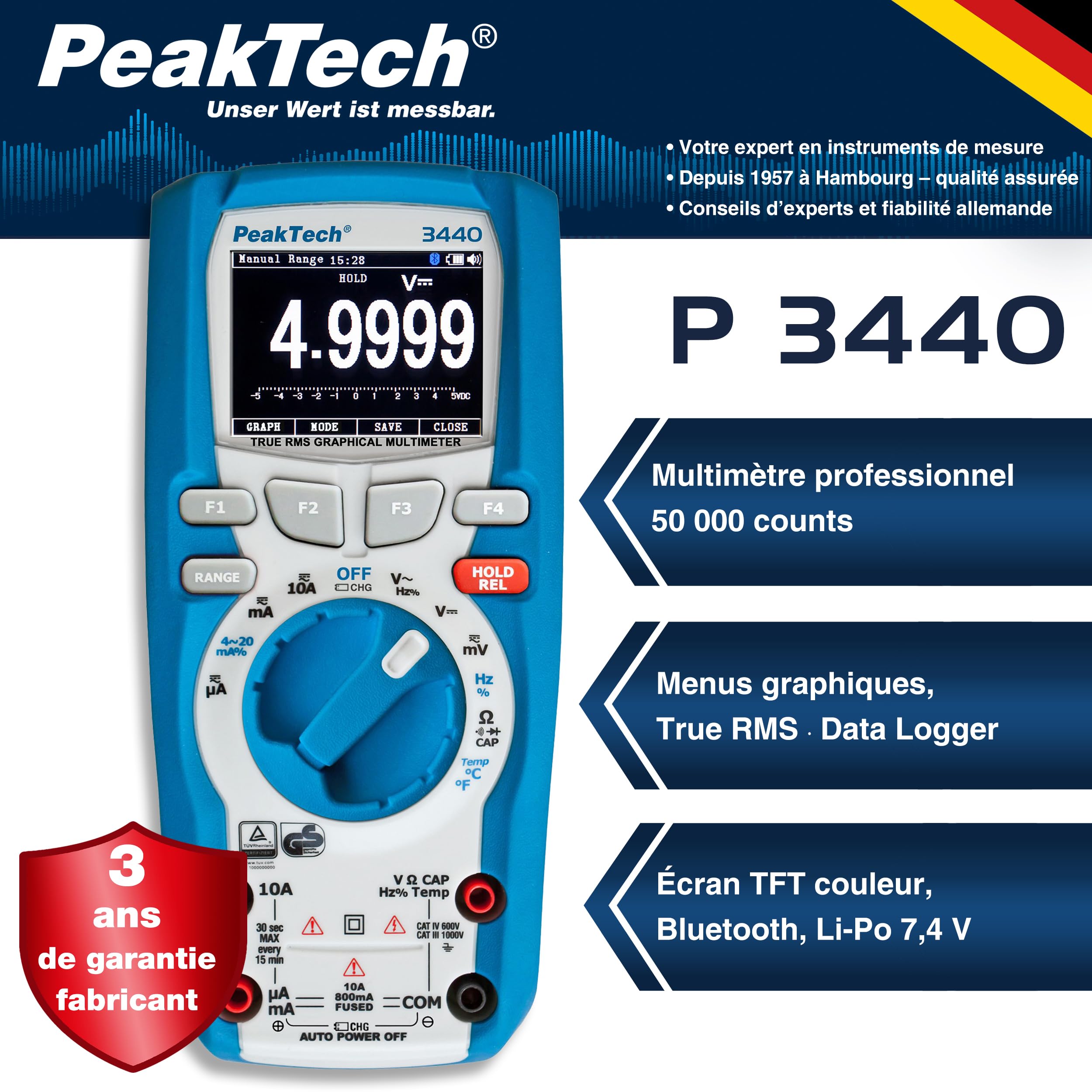 PeakTech 3440 - Multimètre Numérique True RMS avec 4.0 Bluetooth et Affichage Graphique, 50000 counts, Multimètre Manuel Professionnel, TÜV/GS, Autorange, Voltmètre - CAT III 1000V