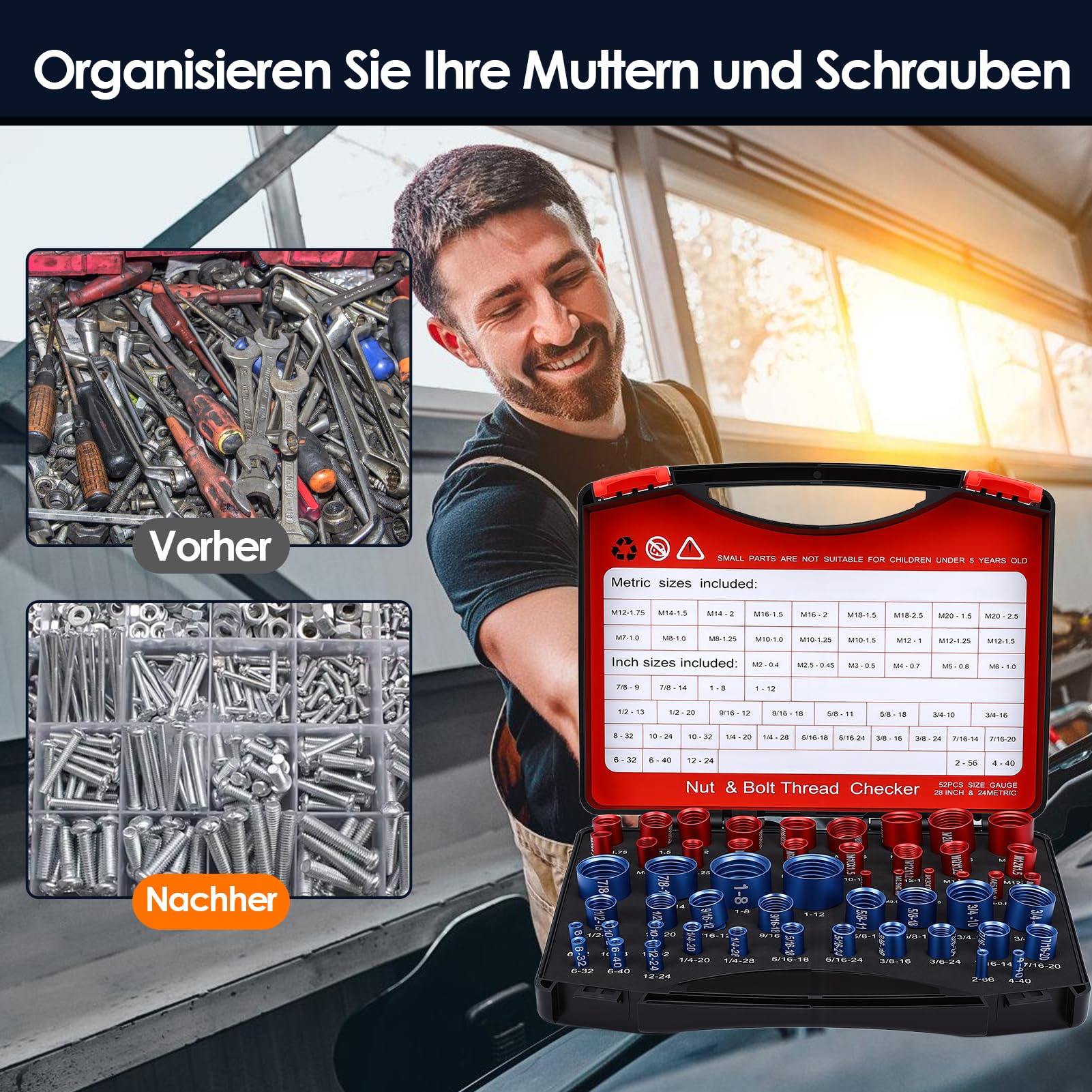 Schrauben Gewinde Prüfer Set 52-teilig Aluminium Aufbewahrungsbox 28 Zoll 24 Metrisch