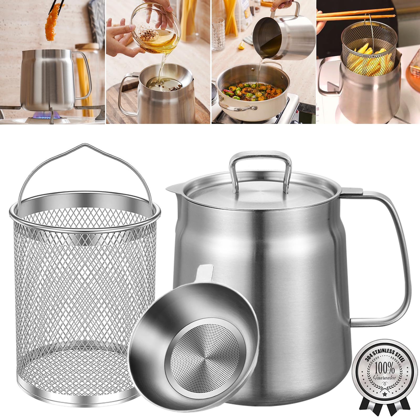 HOMKULA 2-in-1 304 Stainless Steel Multifunctional Oil Strainer Pot, Large Capacity Oil Filter Pot, Bacon Grease Container with Deep Fryer Basket for Kitchen Camping (68oz/2L)