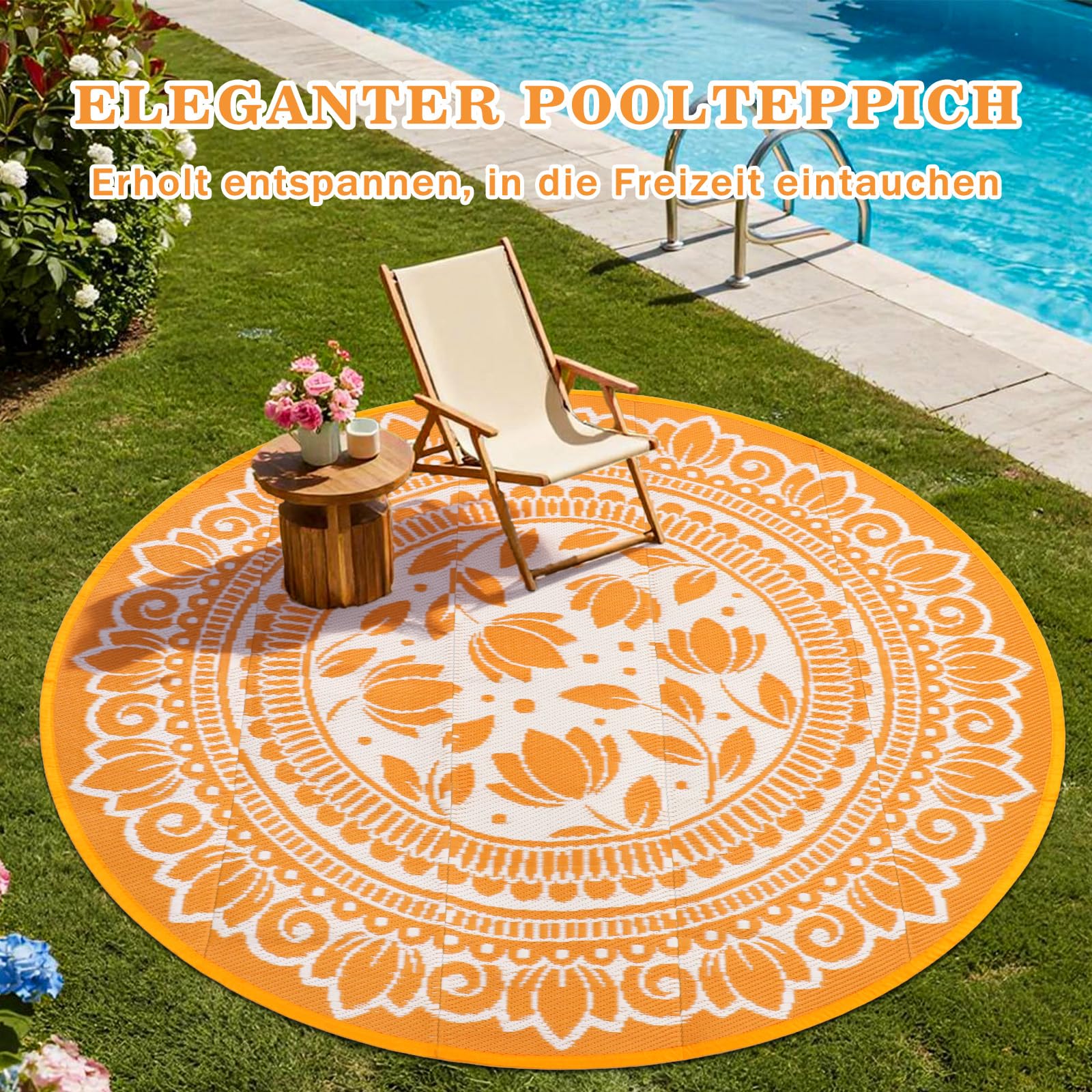 Outdoor Teppich Rund Schwarz 180 cm, Boho Wetterfest Wendbarer Outdoorteppich, Kunststoff Terrassenteppich, UV-beständige Balkon Teppich für RV Camping Deck Patio Strand Garten Picknick Orange