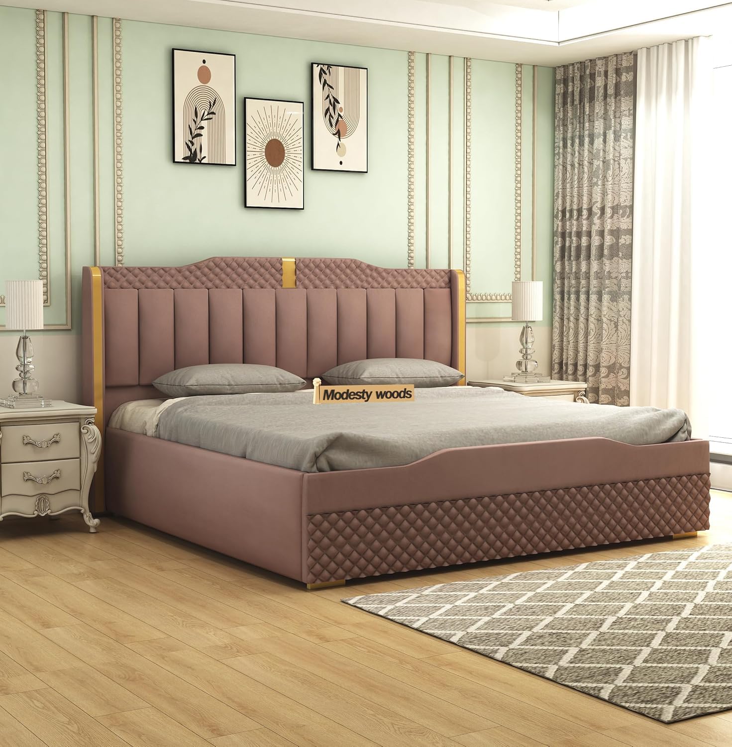Cozy Upholstered King Size Bed with Box Storage for Bedroom | Wooden Double Bed with Storage | Platform Cot Palang with Upholstery Headboard | 6.5 x 6 Ft | Sheesham Wood, Onion Pink-image-36