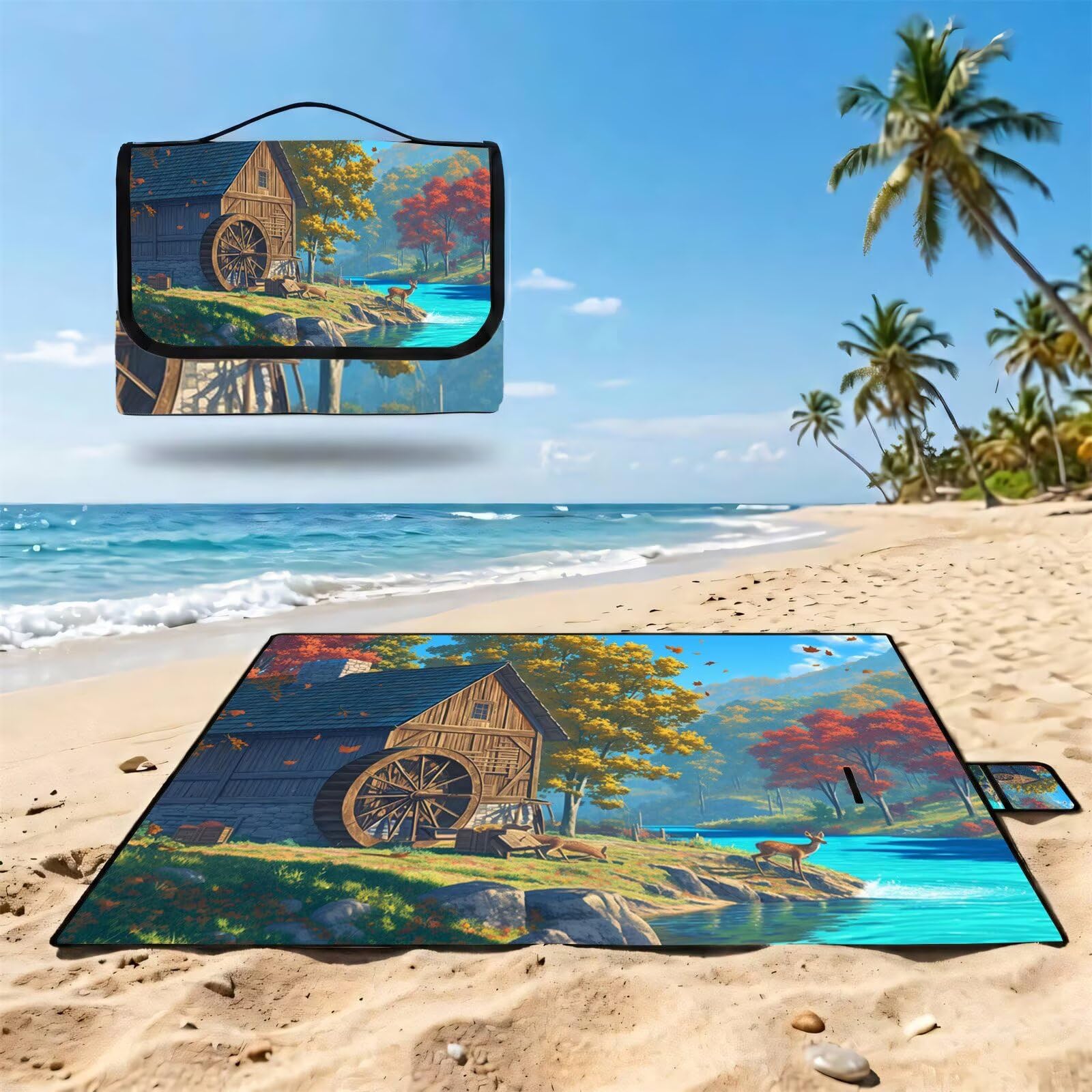 Couverture Pique Nique Grande 200x300cm,Outdoor Couverture Imperméable,Pliable Tapis de Plage Dos en PVC,Picnic Blanket pour Camping Accessoires,Jardin,Parc,Famille - Automne,Architecture (1) UZ-473