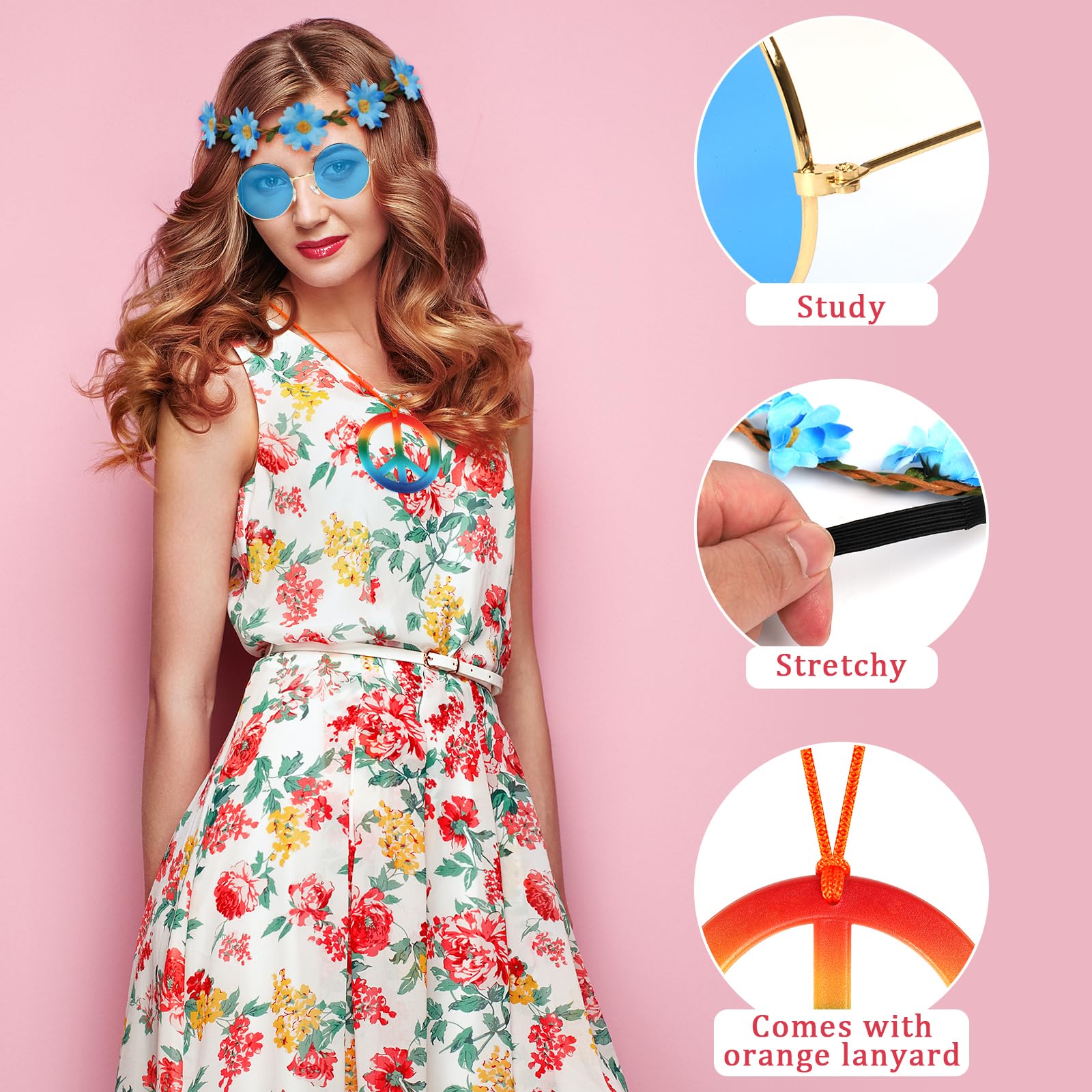 Juego de Accesorios Disfraz Hippie de 18 Piezas Gafas de Sol Redondas Retro Collares con el Signo de la Paz Diademas de Margaritas y Girasoles para Fiesta de los Años 70 y 80