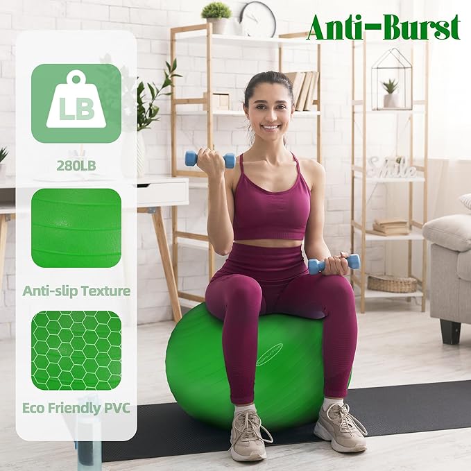 Accompanying the exercise ball is a quick pump, included to ensure ease of use by allowing for rapid inflation and deflation. This makes it convenient to store and transport, adapting to users' space constraints and lifestyle needs. Additionally, the ball is available in multiple sizes, typically ranging from 45 cm to 85 cm in diameter, catering to different heights and fitness levels, ensuring that users can select the size that best fits their individual needs. It also comes in a variety of colors, offering both aesthetic options and functionality.