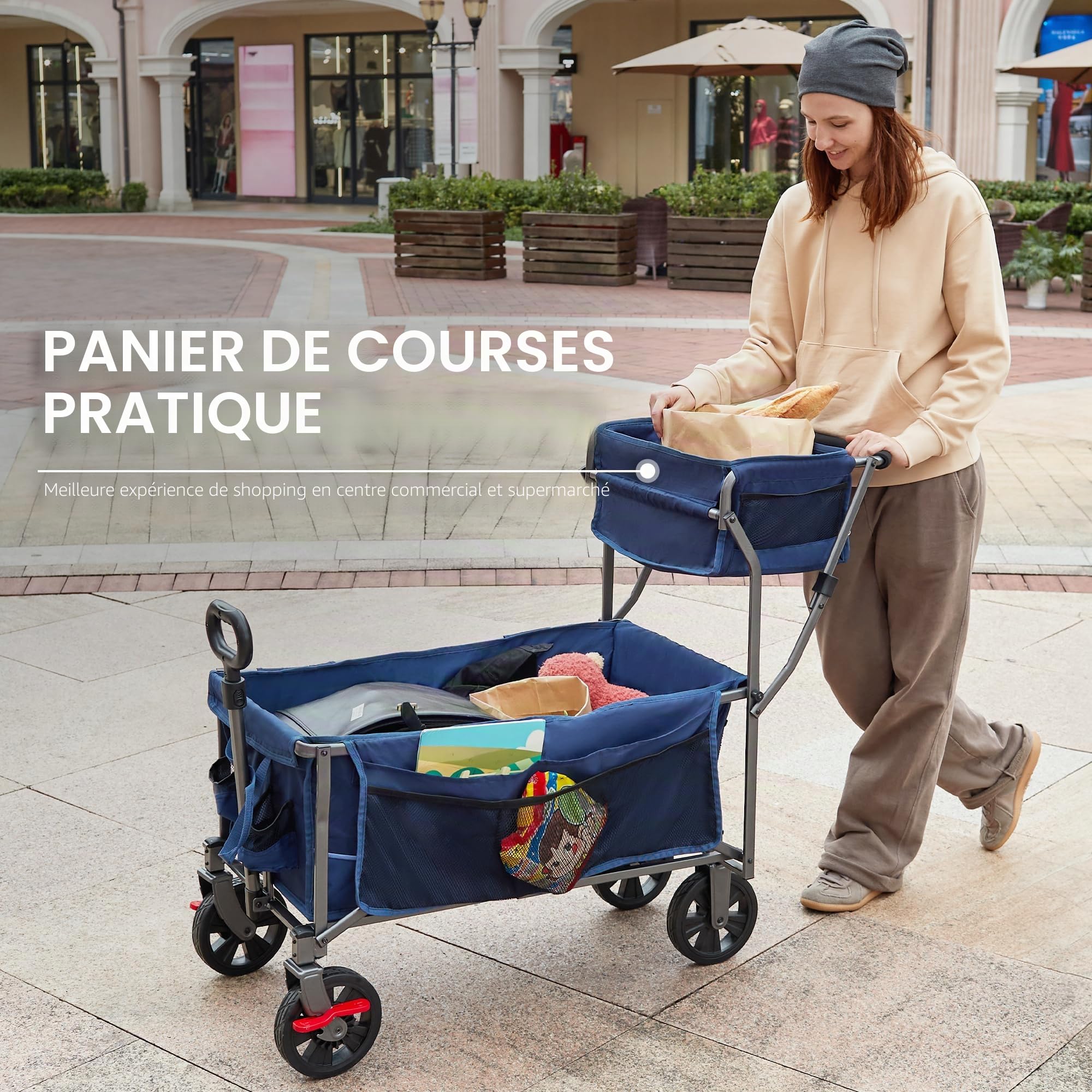 EVER ADVANCED Chariot de Transport Pliable Pousser&Tirer avec Frein, Panier à provisions, Porte-gobelets, Poche latérale, Chariot de Plage jusqu'à 100kg pour Camping, Plage, Courses