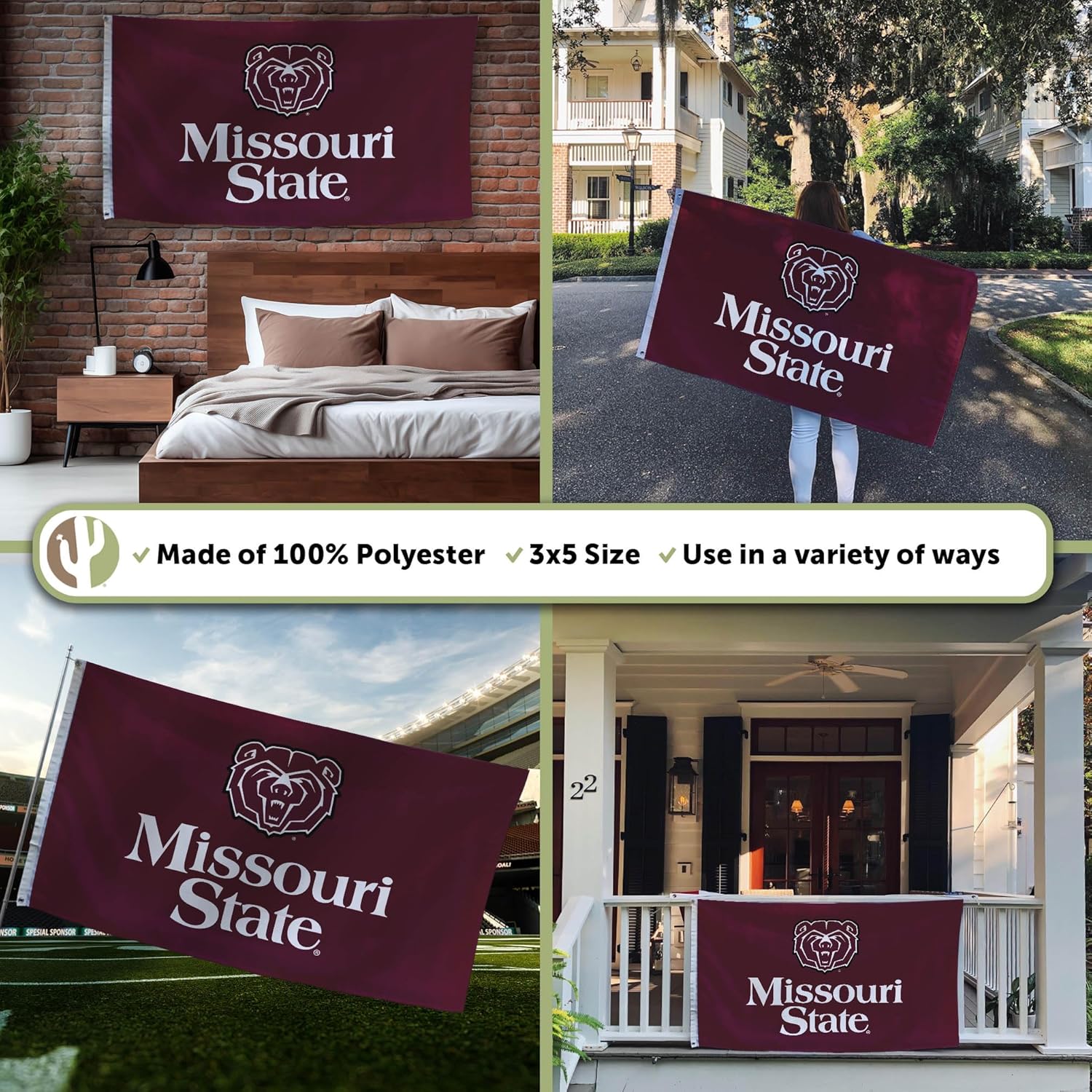 Desert Cactus Missouri State University MSU Flag - 3 x 5 Feet Bears Banner, Indoor/Outdoor Durable Fabric, 100% Polyester Design (Style 1) - Image 3