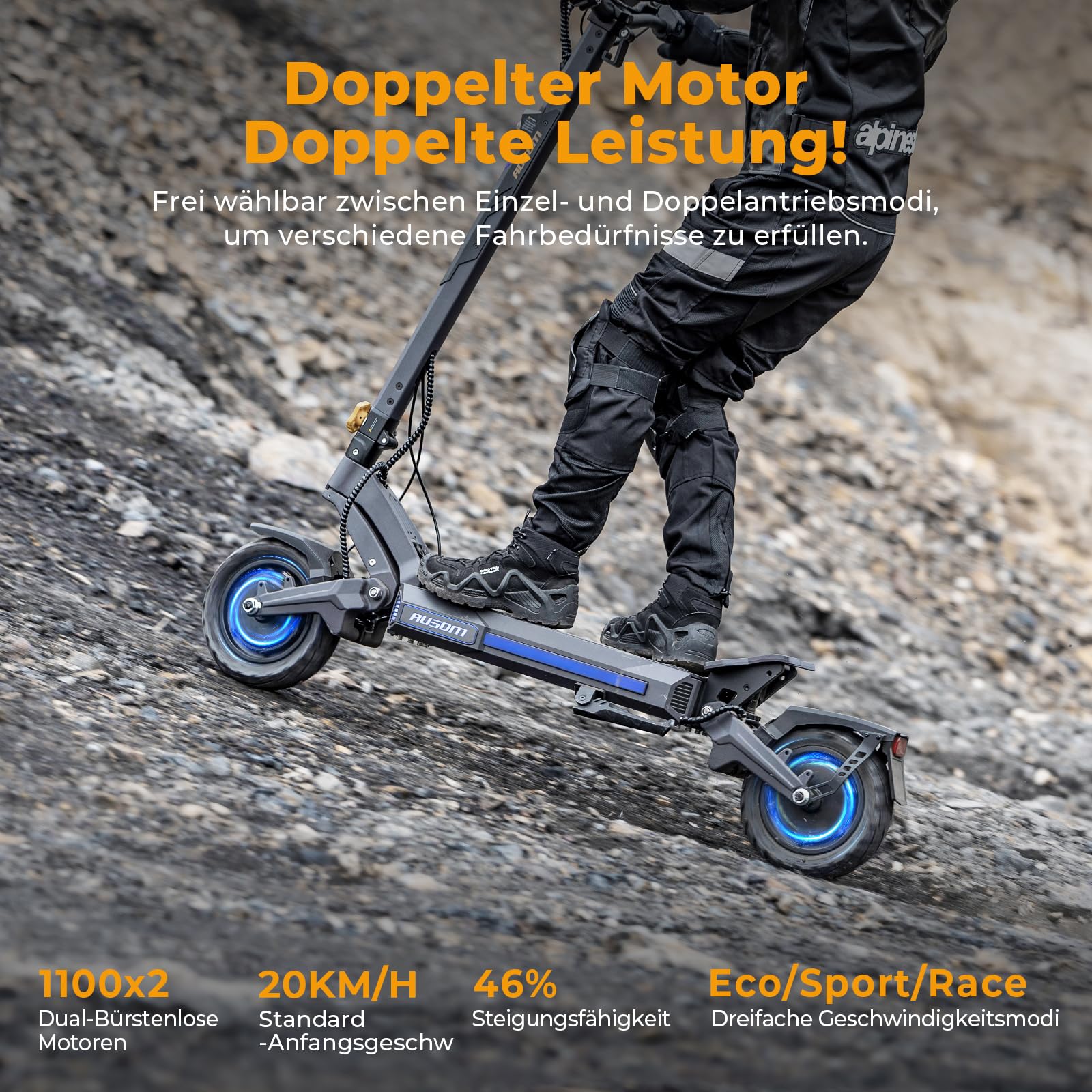 Ausom DT2 Pro E-Scooter 10'' Offroad Elektroroller mit 2200 Dual Motor, 52V 23.4Ah, 115km Reichweite, Hydraulische Doppelscheibenbremse, NFC-Diebstahlschutz – für Abenteuer & Urbanes Commuting