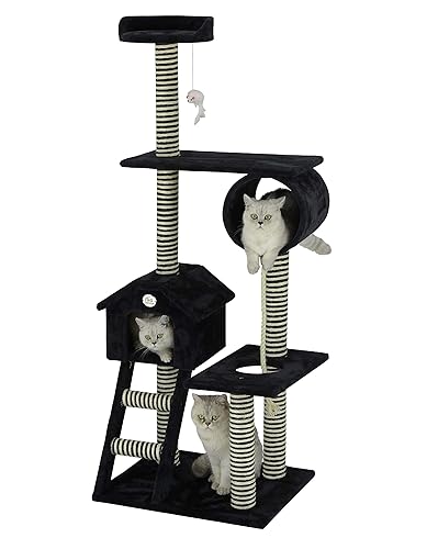 Go Pet Club - 60" Tall Cat Tree Tower - Cat Tower with Scratching Posts, Cat Condo, Ladder, and Hanging Rope and Toy Mouse - Black Cat Tree