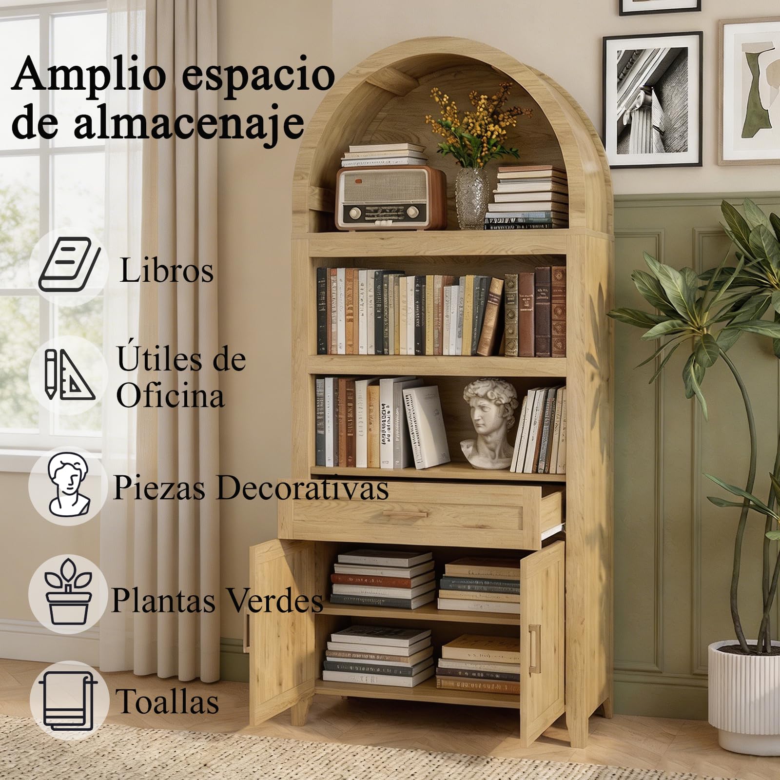 Librería Grande con Diseño en Arco, Librería Estantería con 3 Compartimentos Abiertos, Cajones y Puertas, Estantería Salón Multiusos para Salón, Cocina y Oficina | Estantería de madera, armario de vitrina para sala de estar, cocina, estudio