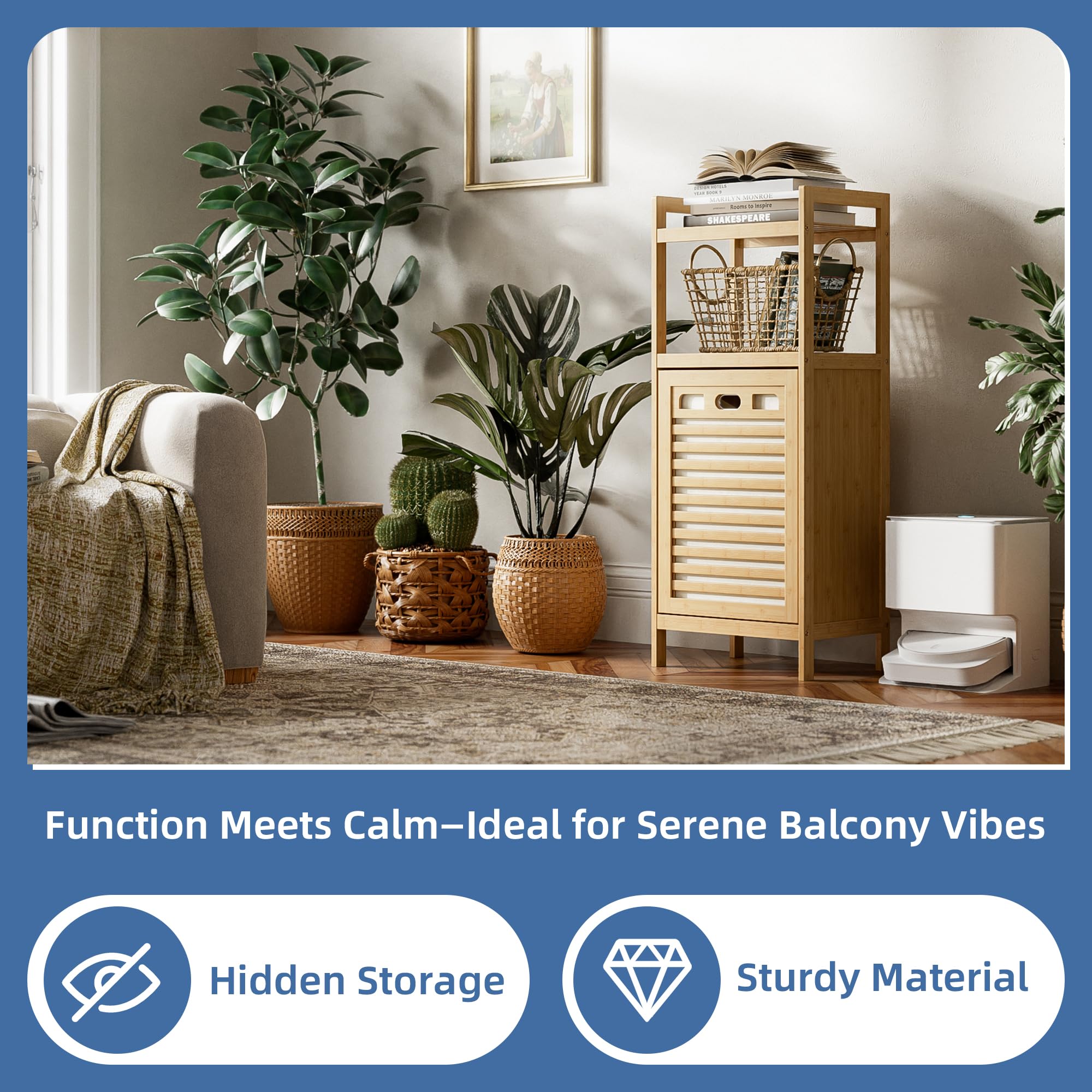 HITNET Mueble Ropa Sucia, Armario de Baño con 1 Cesta de Ropa Sucia y 2 estantes Abiertos, 40L Bolsa Interior Extraíble con Asas para Sala de Estar y Dormitorio, Natural