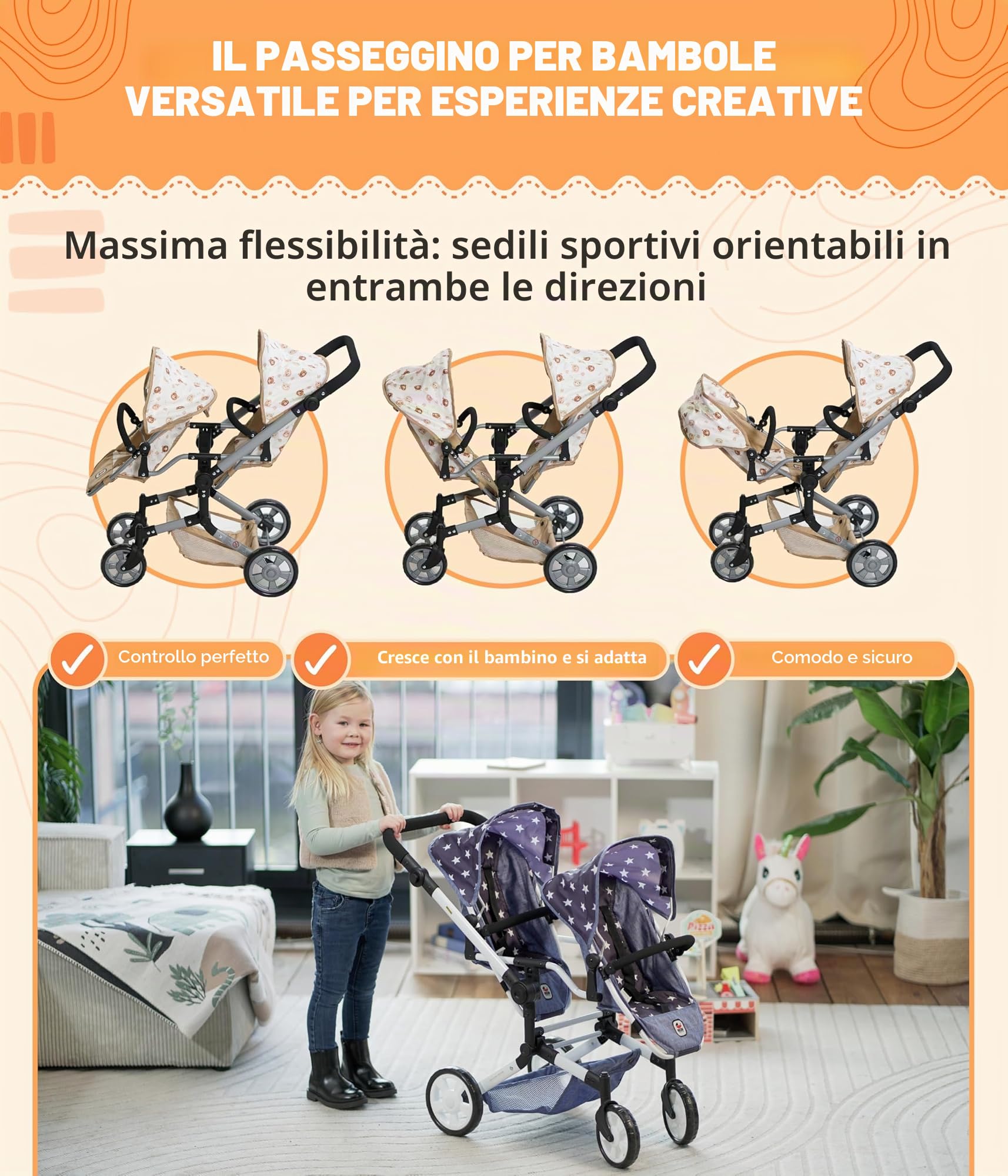 Bayer Chic 2000® Passeggino per bambole Linus Duo – Orsetto Beige – Passeggino pieghevole per bambole – Manico regolabile 50 – 82 cm – Bambole fino a 50 cm – 4 – 8 J