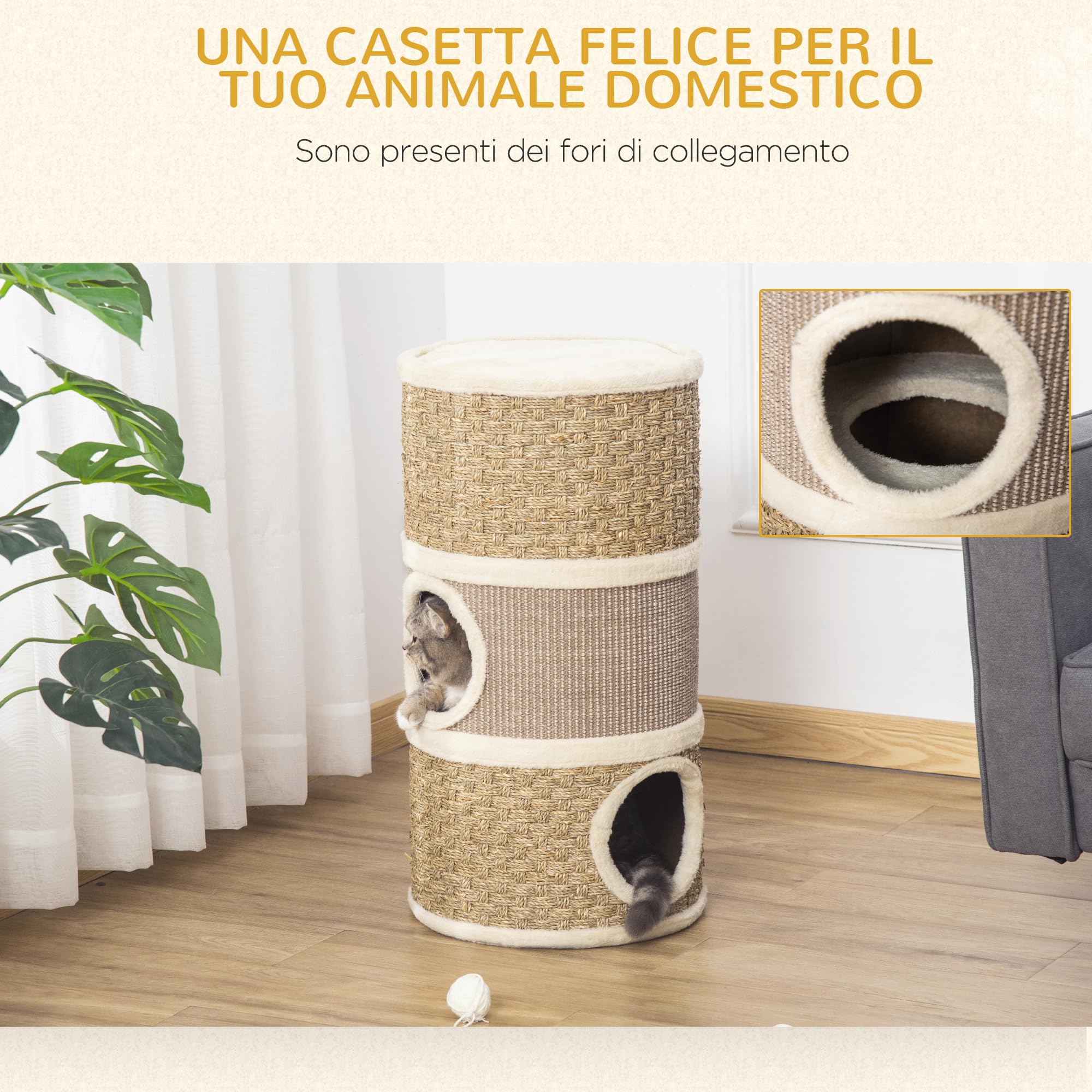 PawHut Casetta Cuccia per Gatti Tiragraffi a Torre con 3 Nicchie, Corda in Sisal e Alga Marina, Bordo Peluche, Khaki e Marrone