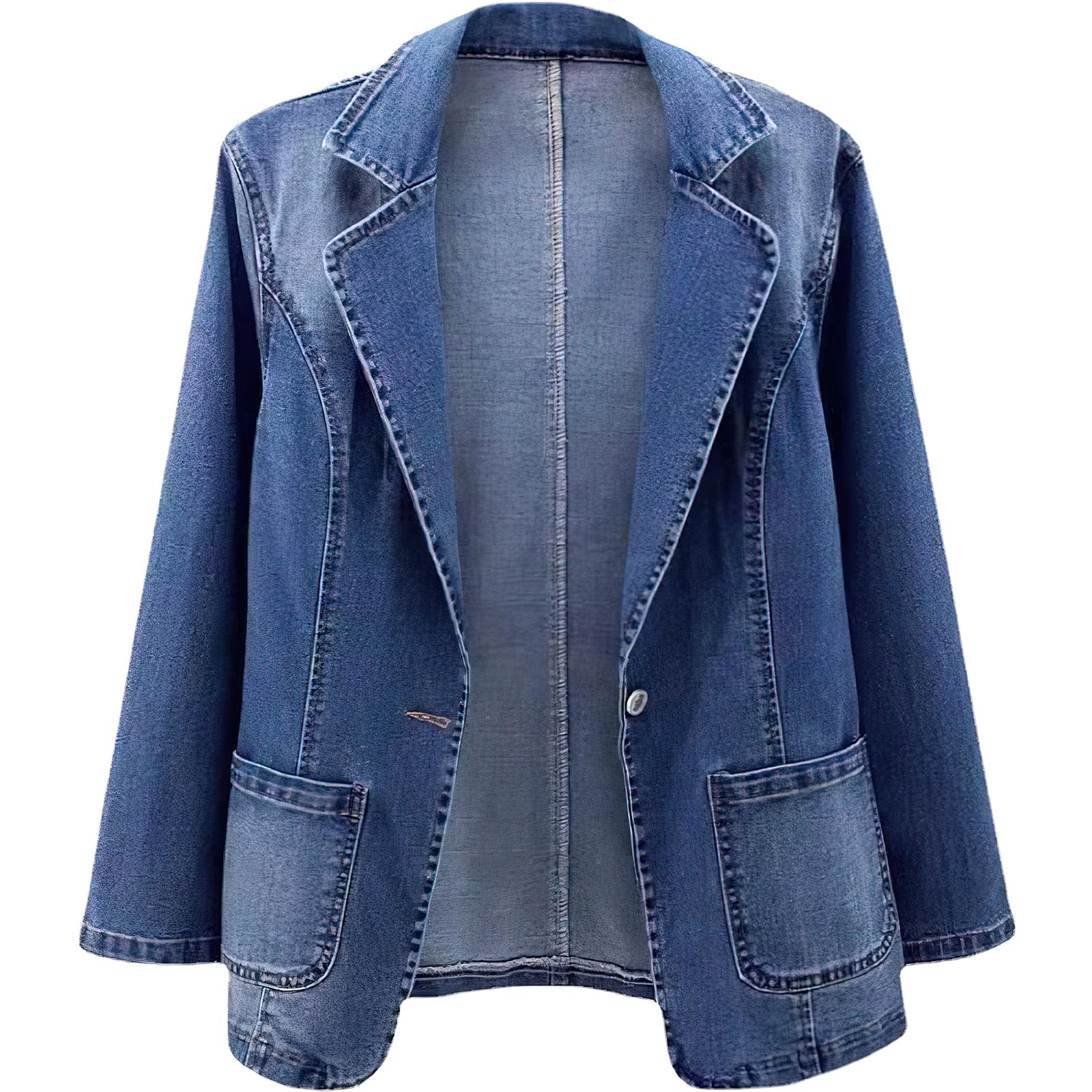 ebossy Womens Classic Notch Lapel Denim Blazer One Button Long Sleeve Slim Office Jean Jacket
