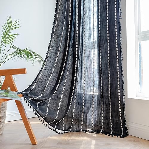 Cortina bohemia de 63 pulgadas de largo para cocina, cafetería, lino texturizado con bordado, semiopaca, tratamiento de ventana de campo francés con