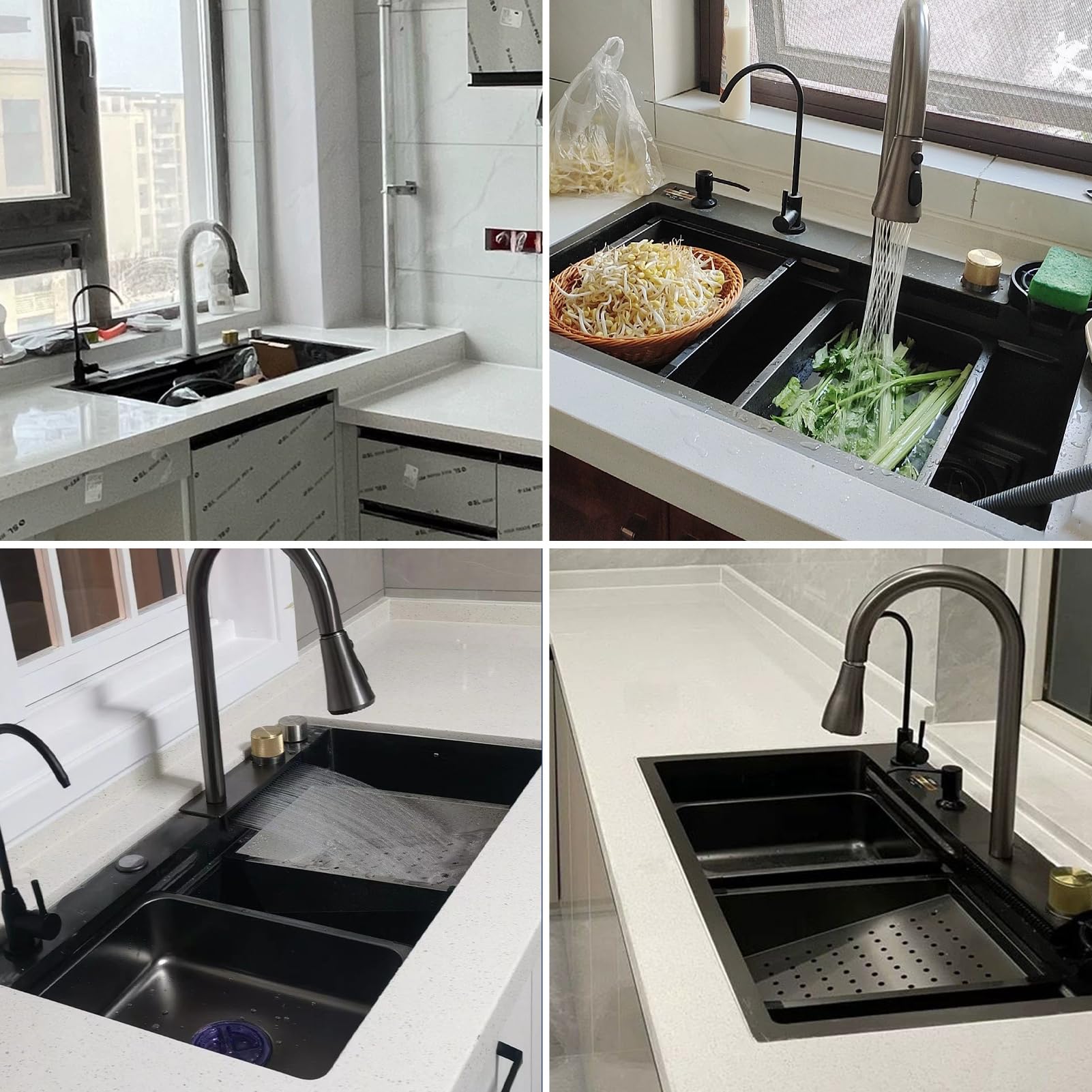 Fregadero Negro 80×50cm con Cascada, Kit de Drenaje, 1 Cubeta