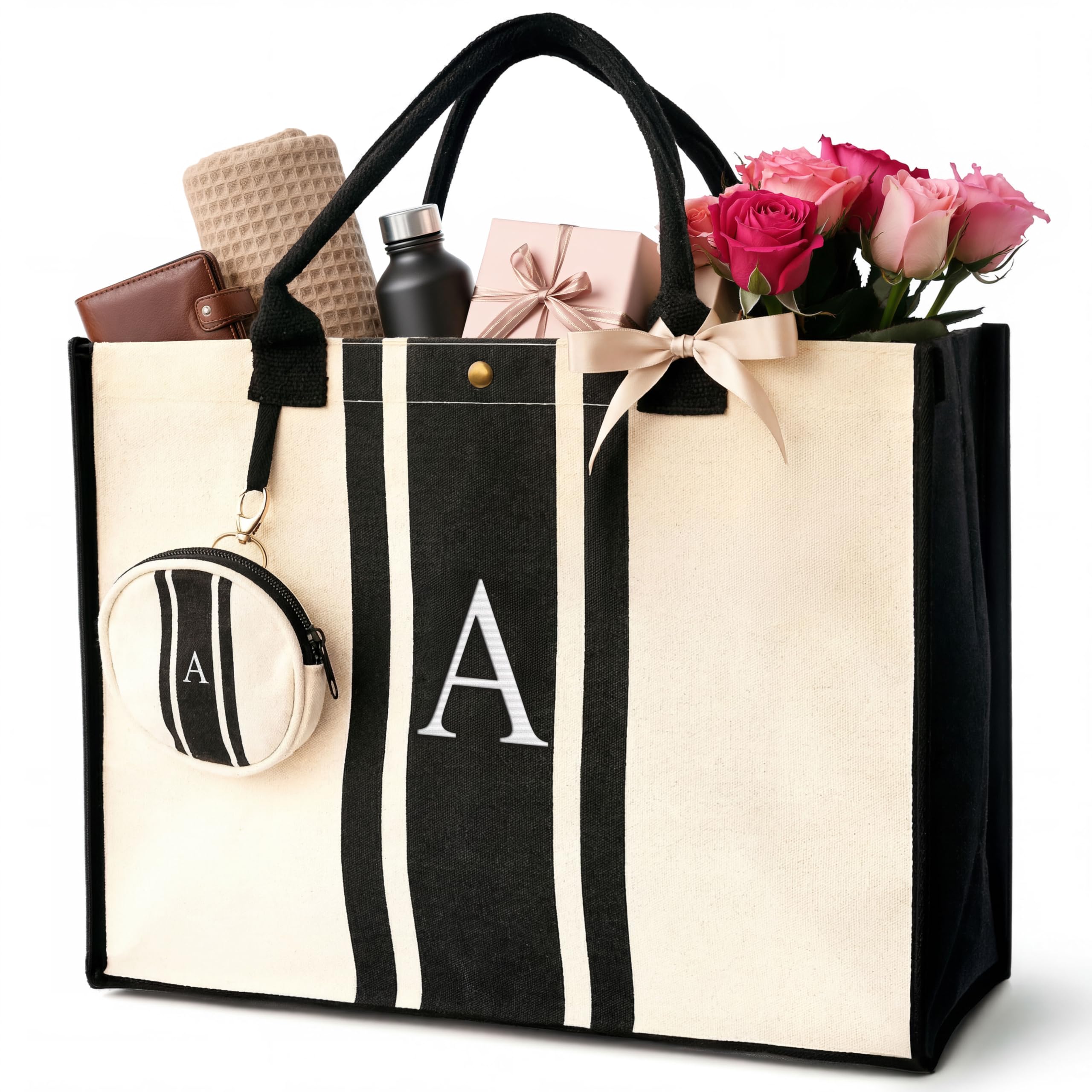 LEAFICO Initial Canvas Tote Bag Monogrammed Gift for Women Personalized Letter Tote for Travel Weddings Birthdays