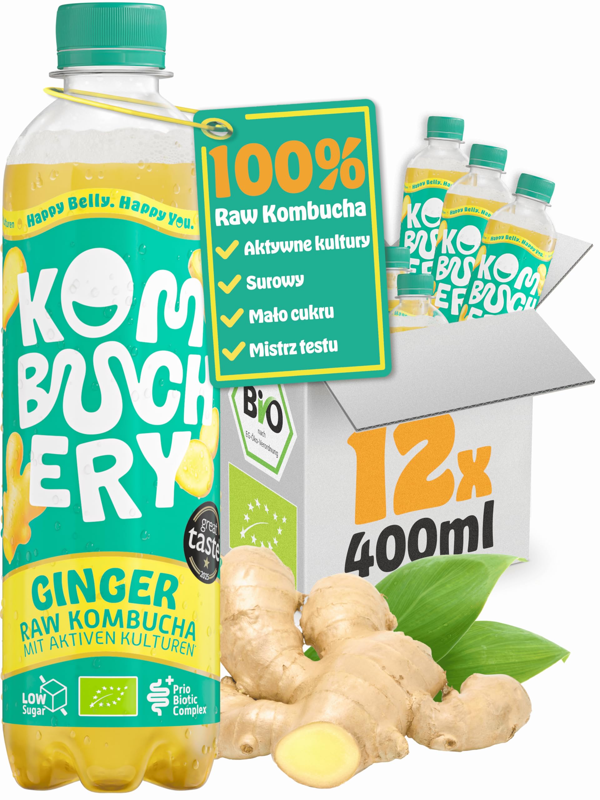 KOMBUCHERY® Surowy Kombucha Imbir EKO | 12 x 400ml | Fermentowana herbata z aktywnymi kulturami dla jelit | Niska zawartość cukru i kalorii | Niepasteryzowany, probiotyczny
